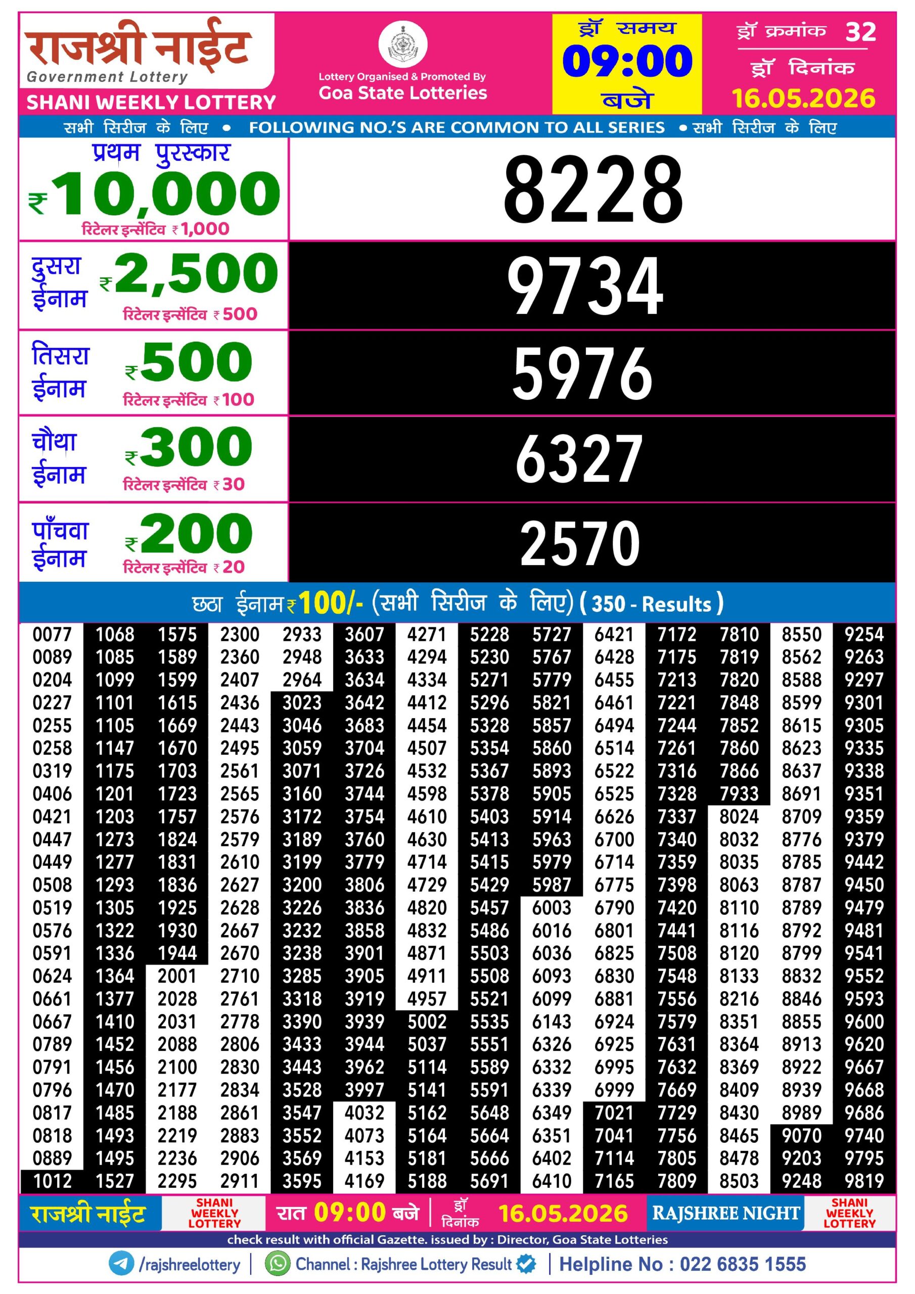 Rajshree Night 9 PM Result 16 May 2026