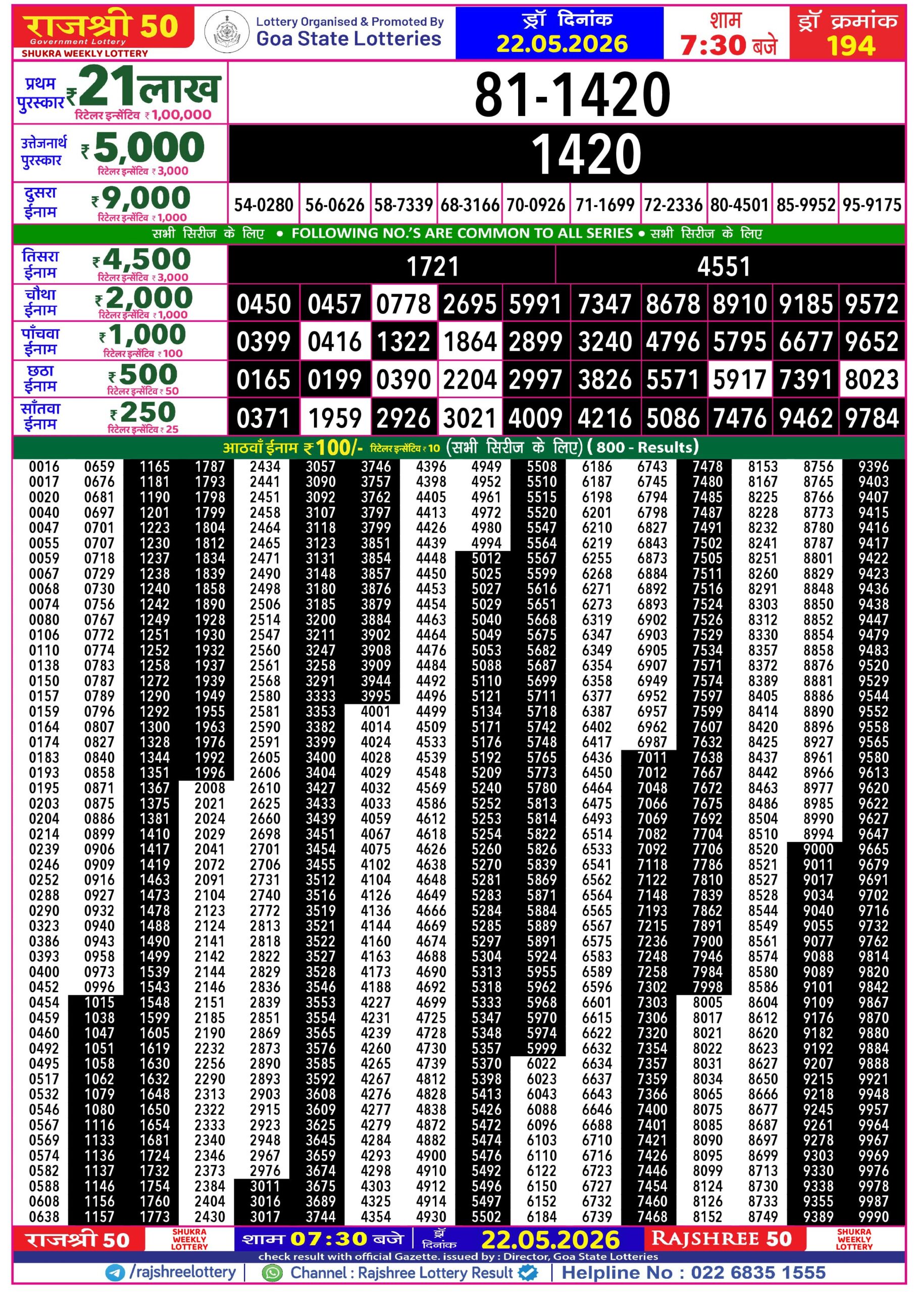 Rajshree 50 7:30 PM Result 22 May 2026