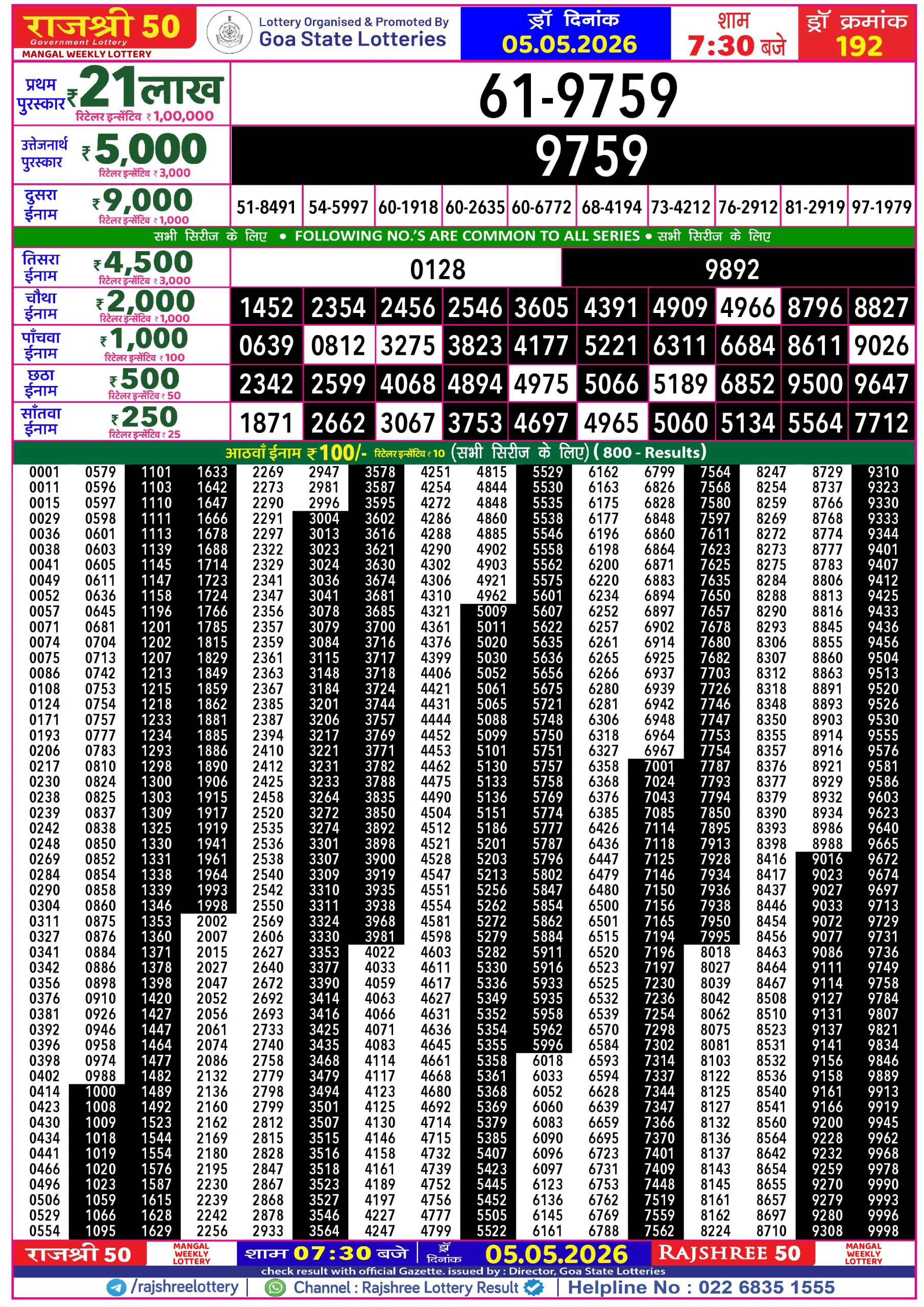 Rajshree 50 7:30 PM Result 05 May 2026