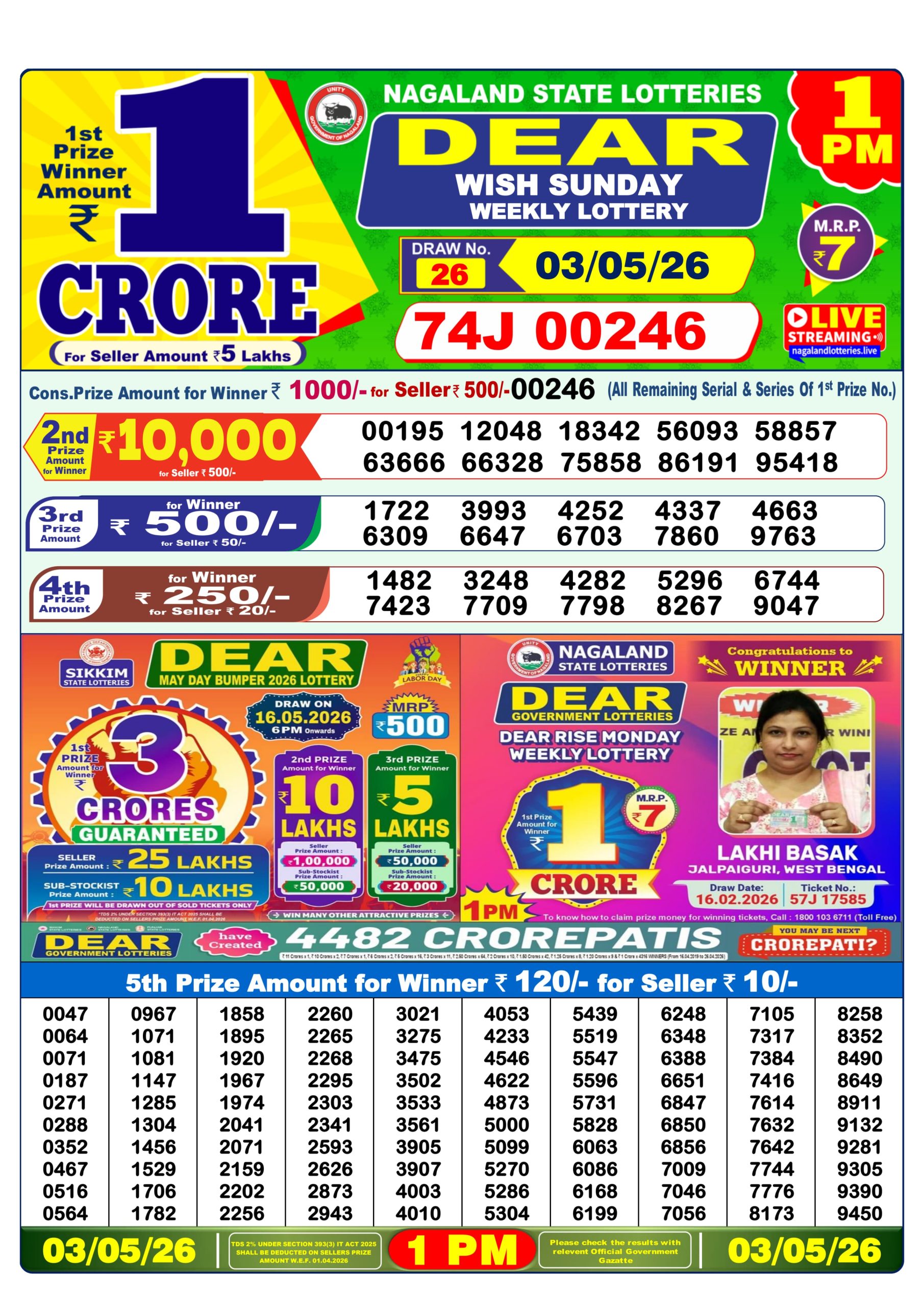 Dear 1 PM Result 03 May 2026