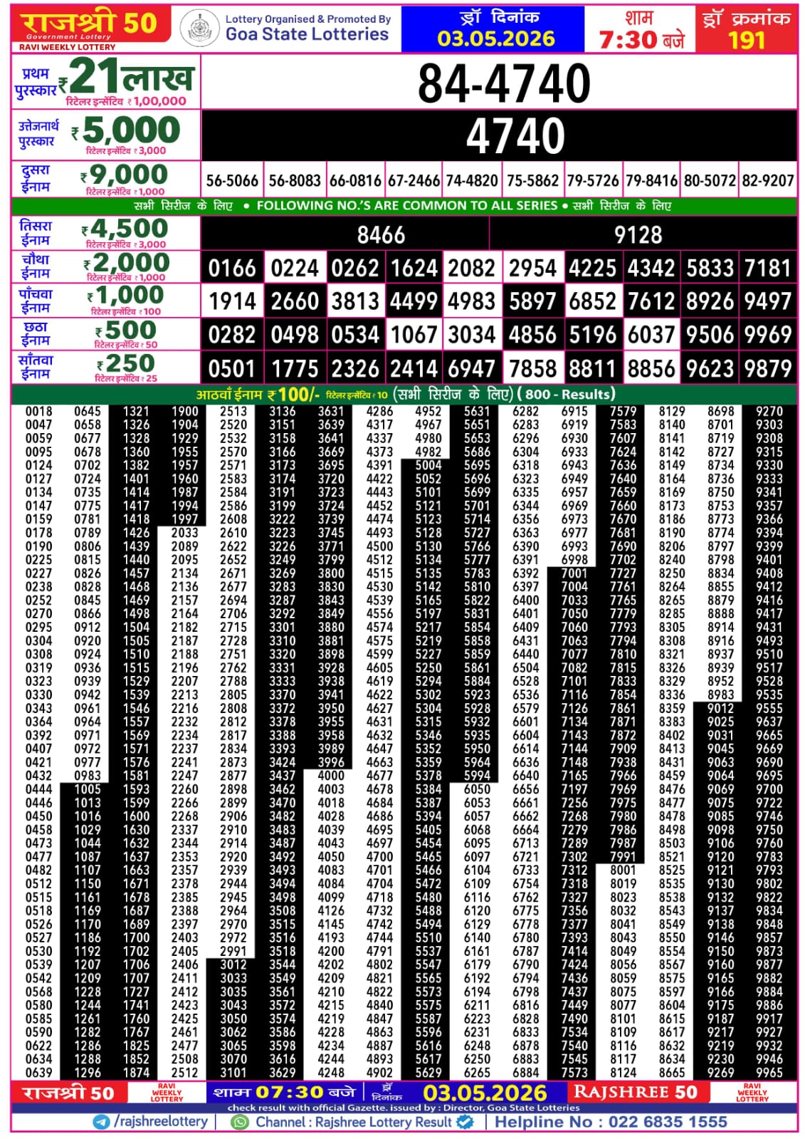 Rajshree 50 7:30 PM Result 03 May 2026