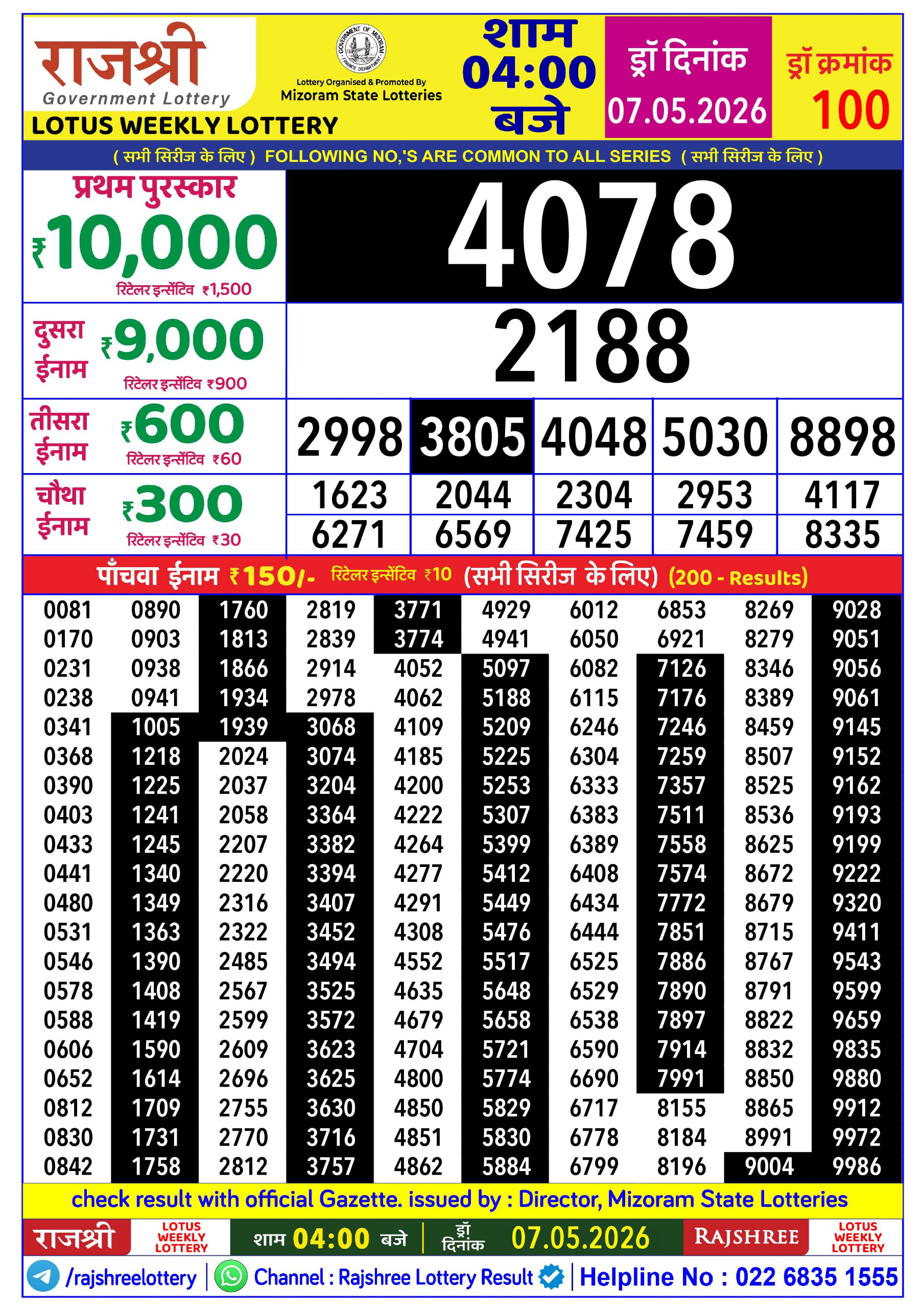 Rajshree 4 PM Result 07 May 2026