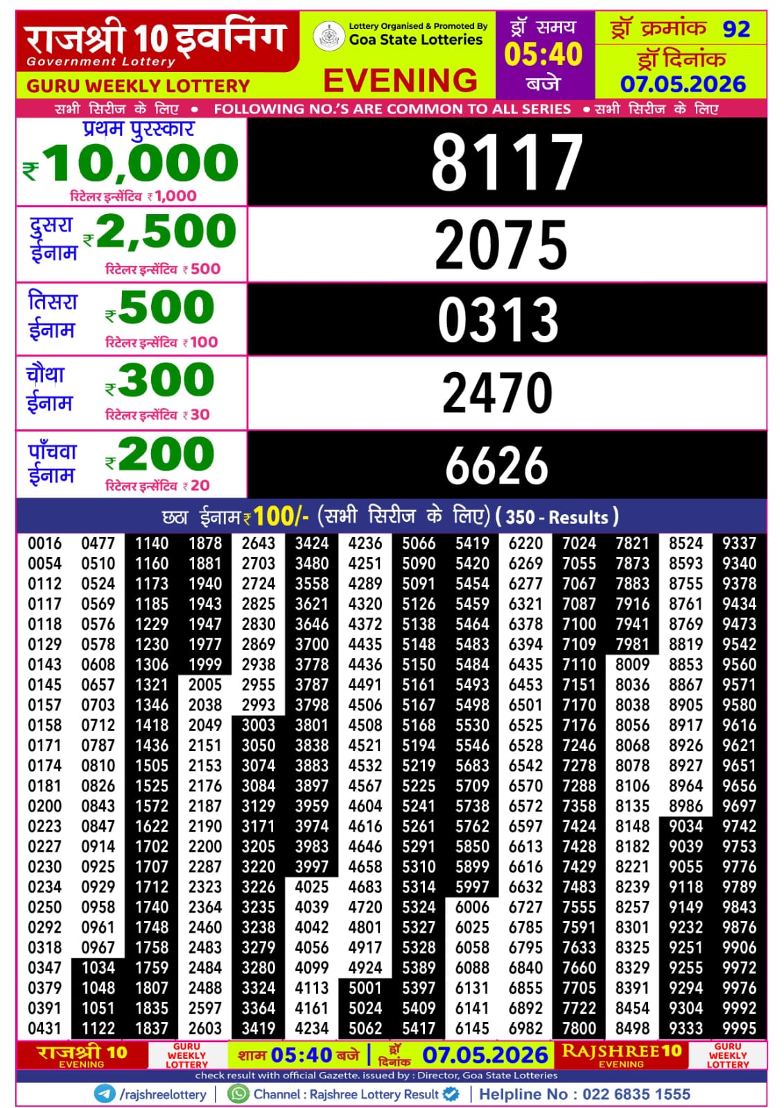 Rajshree 10 Evening 5:40 PM Result 07 May 2026