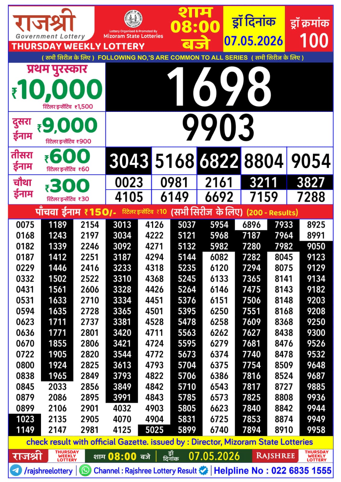 Rajshree 8 PM Result 07 May 2026
