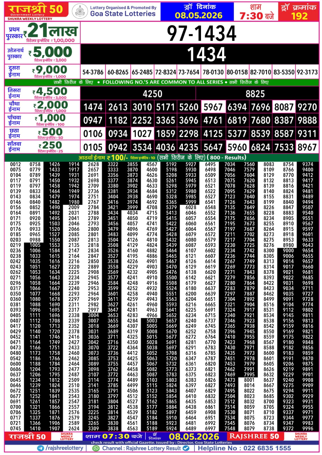 Rajshree 50 7:30 PM Result 08 May 2026