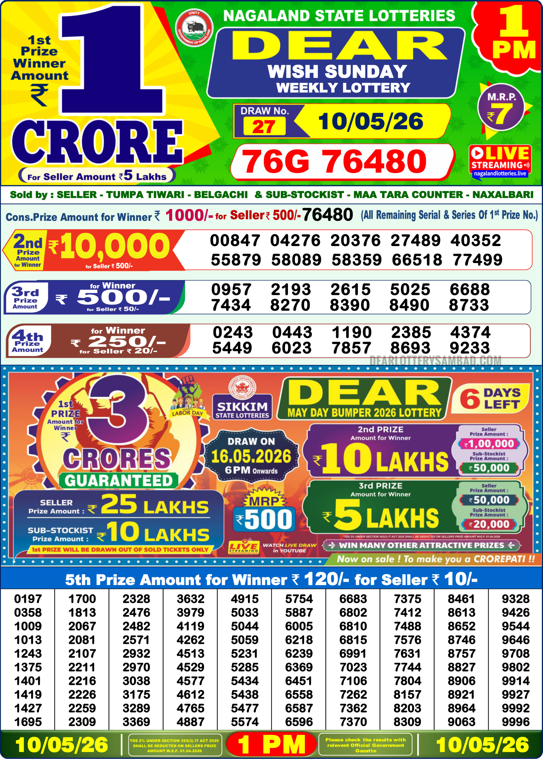 Dear 1 PM Result 10 May 2026