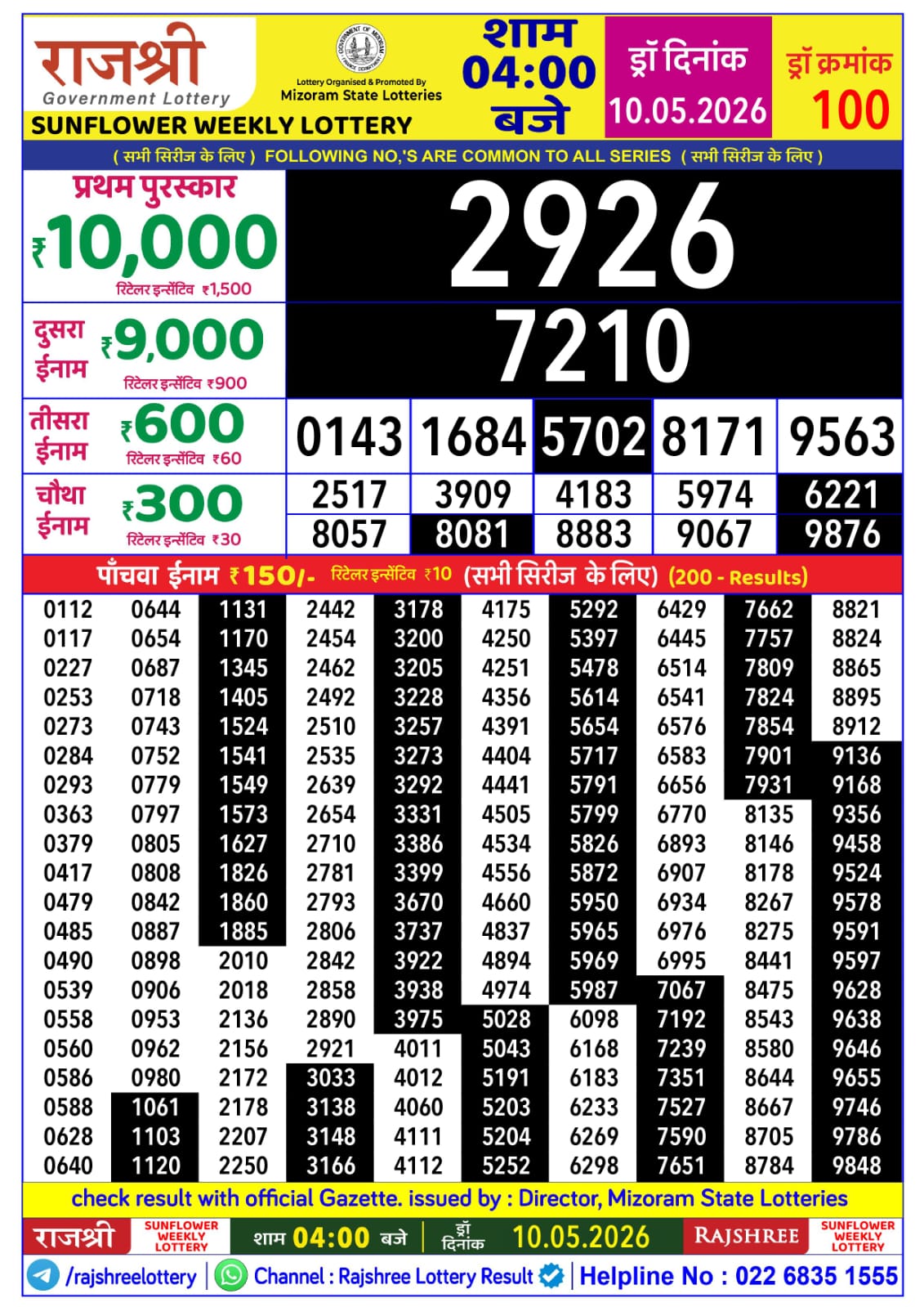 Rajshree 4 PM Result 10 May 2026
