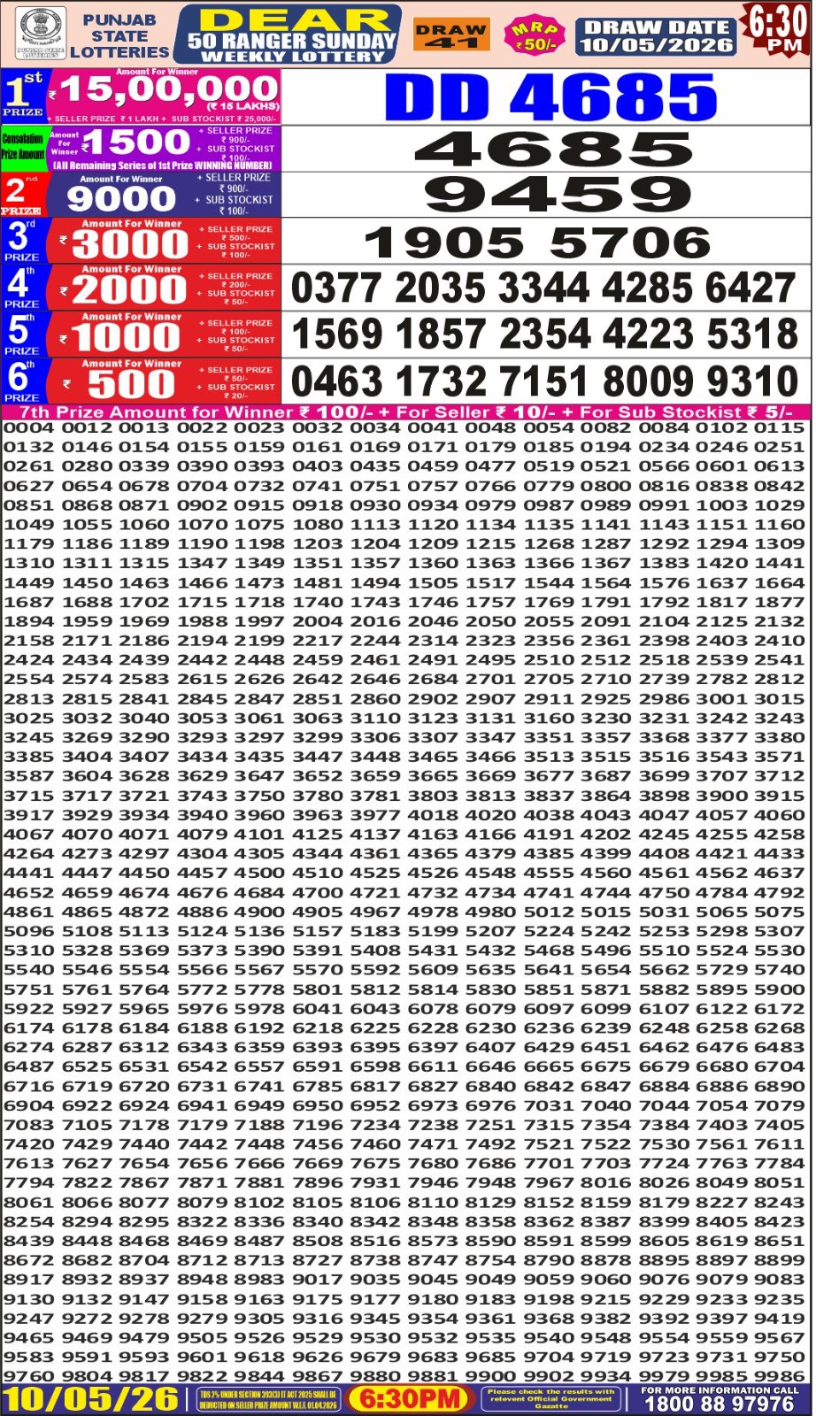 Punjab Dear 50 6:30 PM Result 10 May 2026