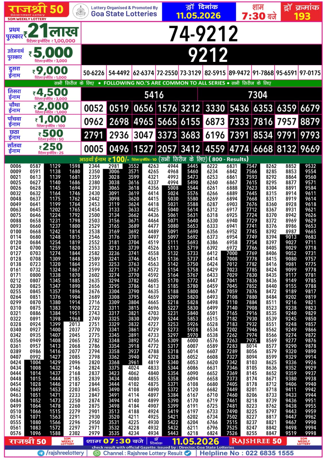 Rajshree 50 7:30 PM Result 11 May 2026