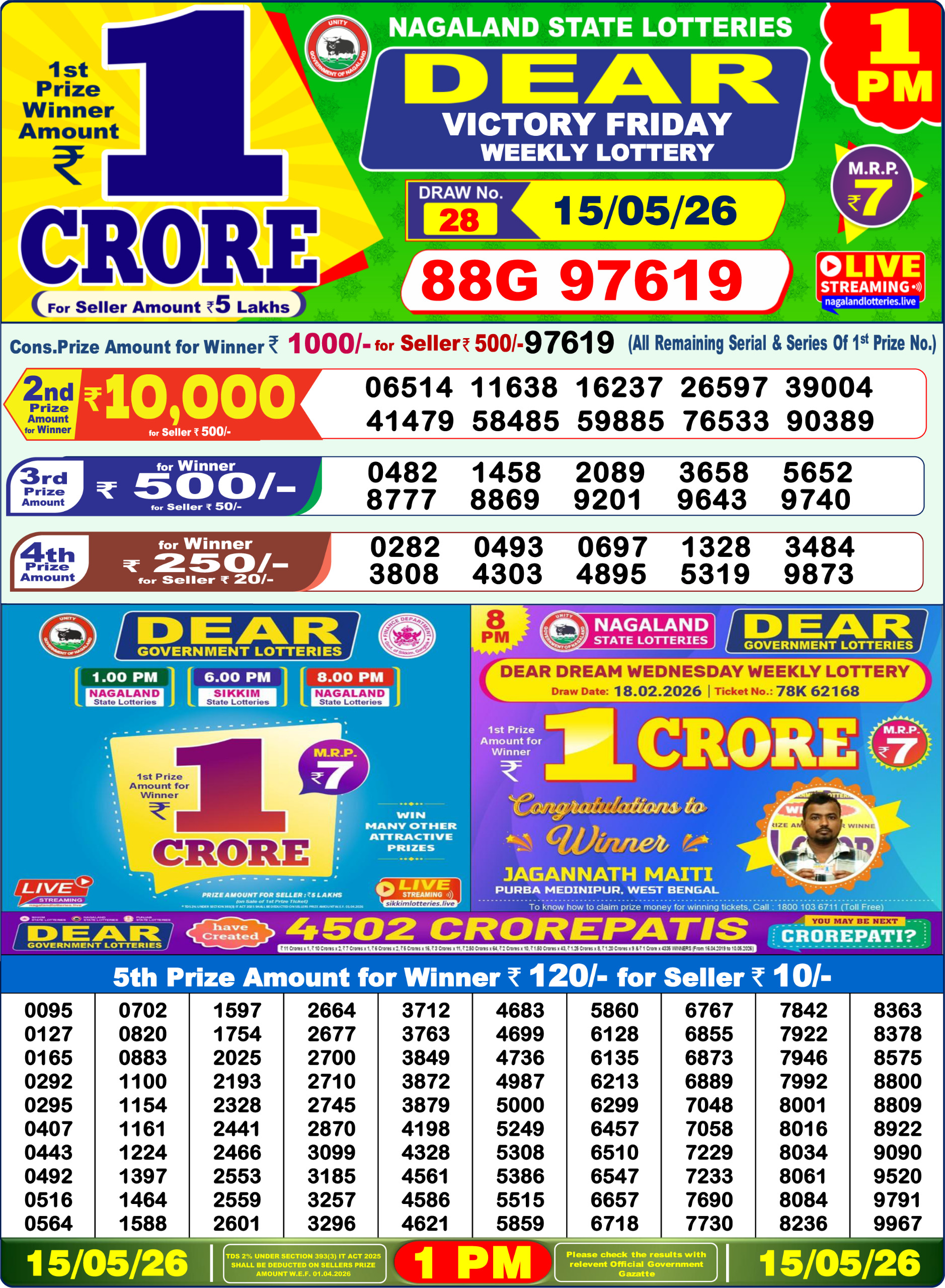 Dear 1 PM Result 15 May 2026