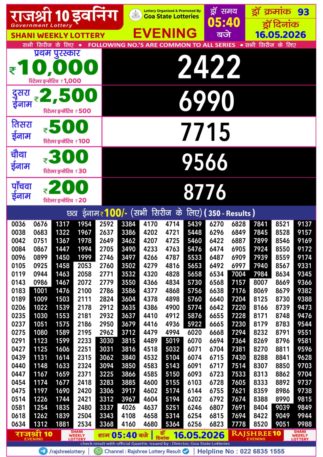 Rajshree 10 Evening 5:40 PM Result 16 May 2026