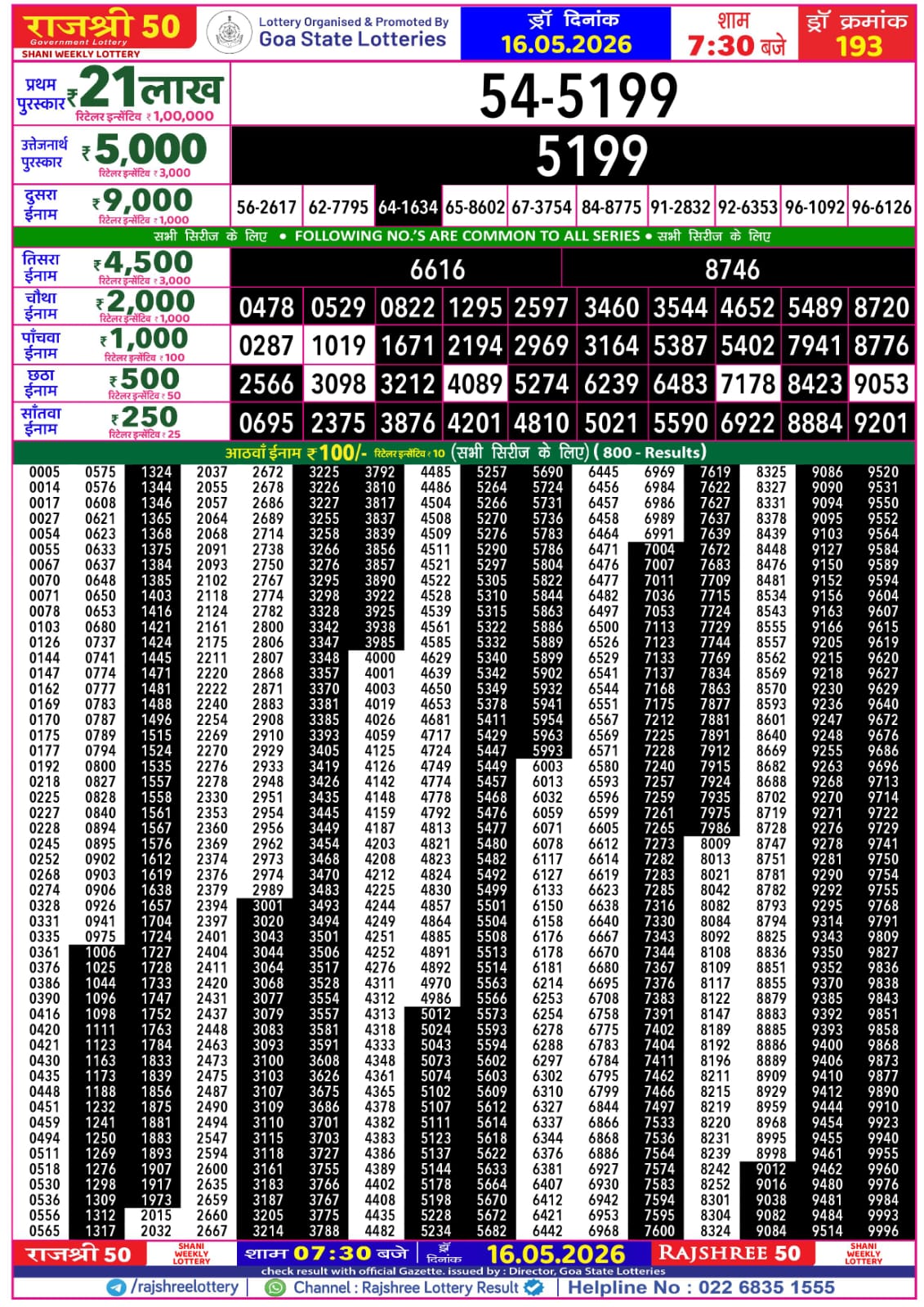 Rajshree 50 7:30 PM Result 16 May 2026