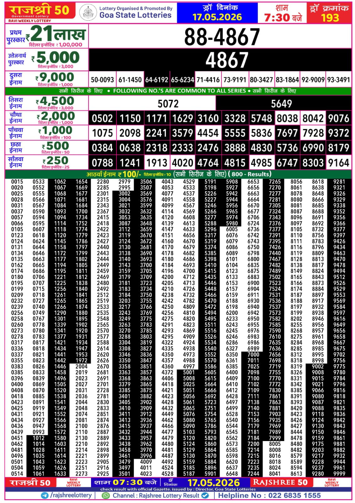 Rajshree 50 7:30 PM Result 17 May 2026