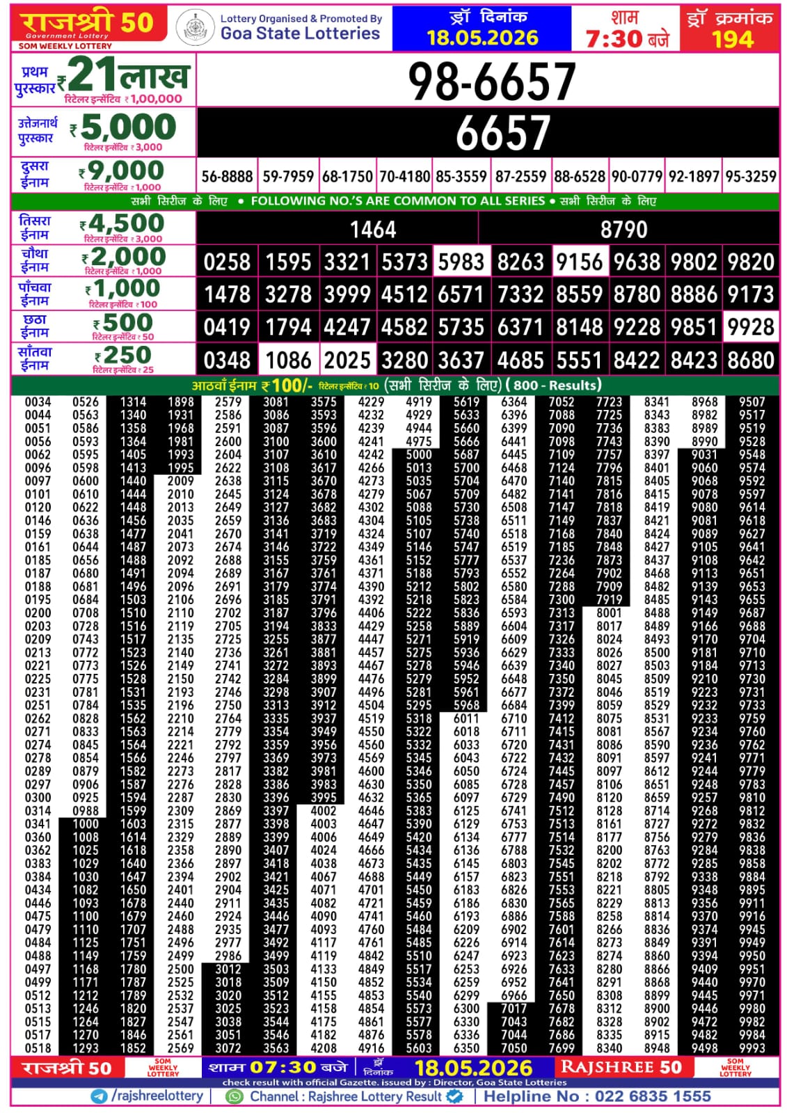 Rajshree 50 7:30 PM Result 18 May 2026