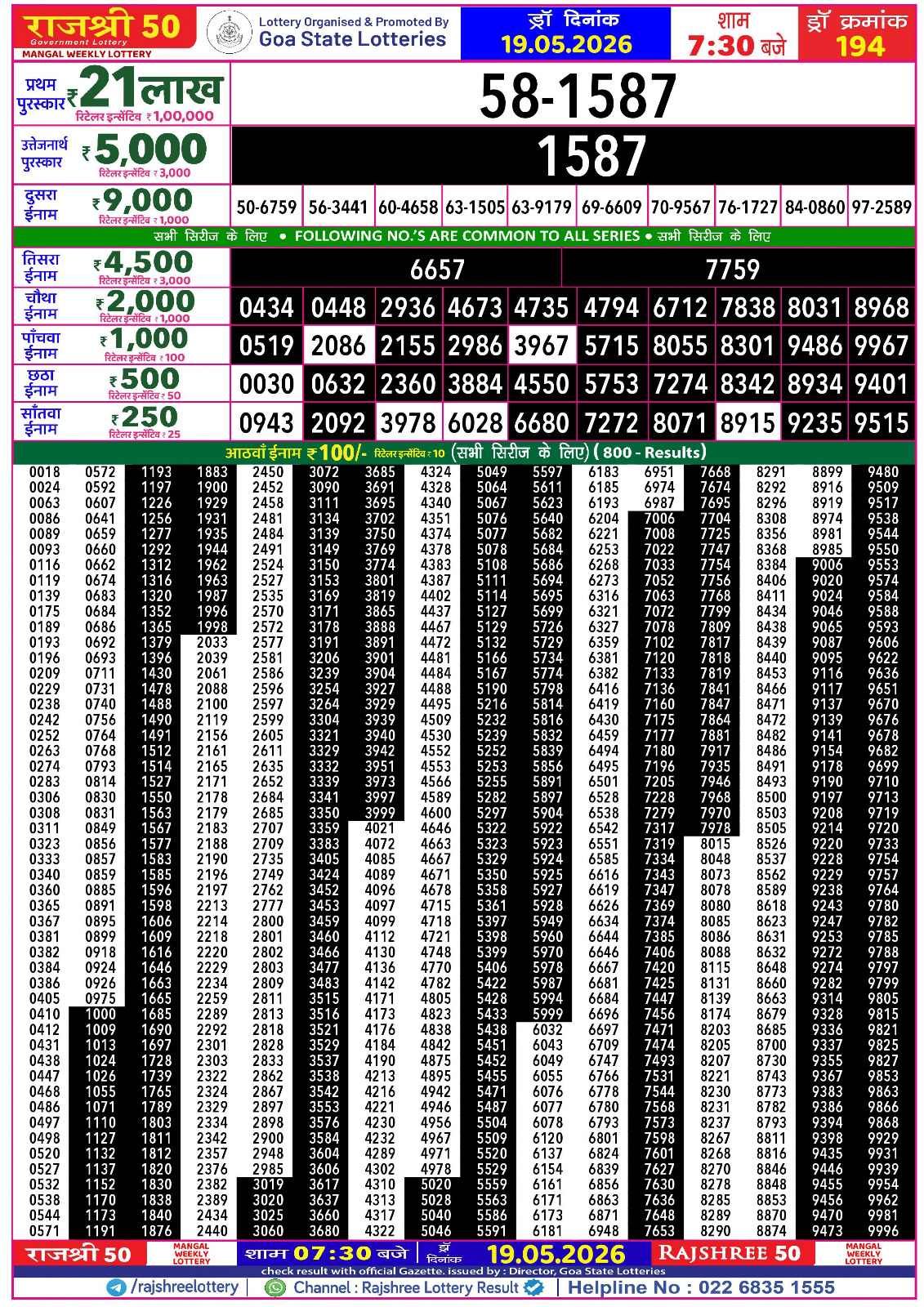 Rajshree 50 7:30 PM Result 19 May 2026