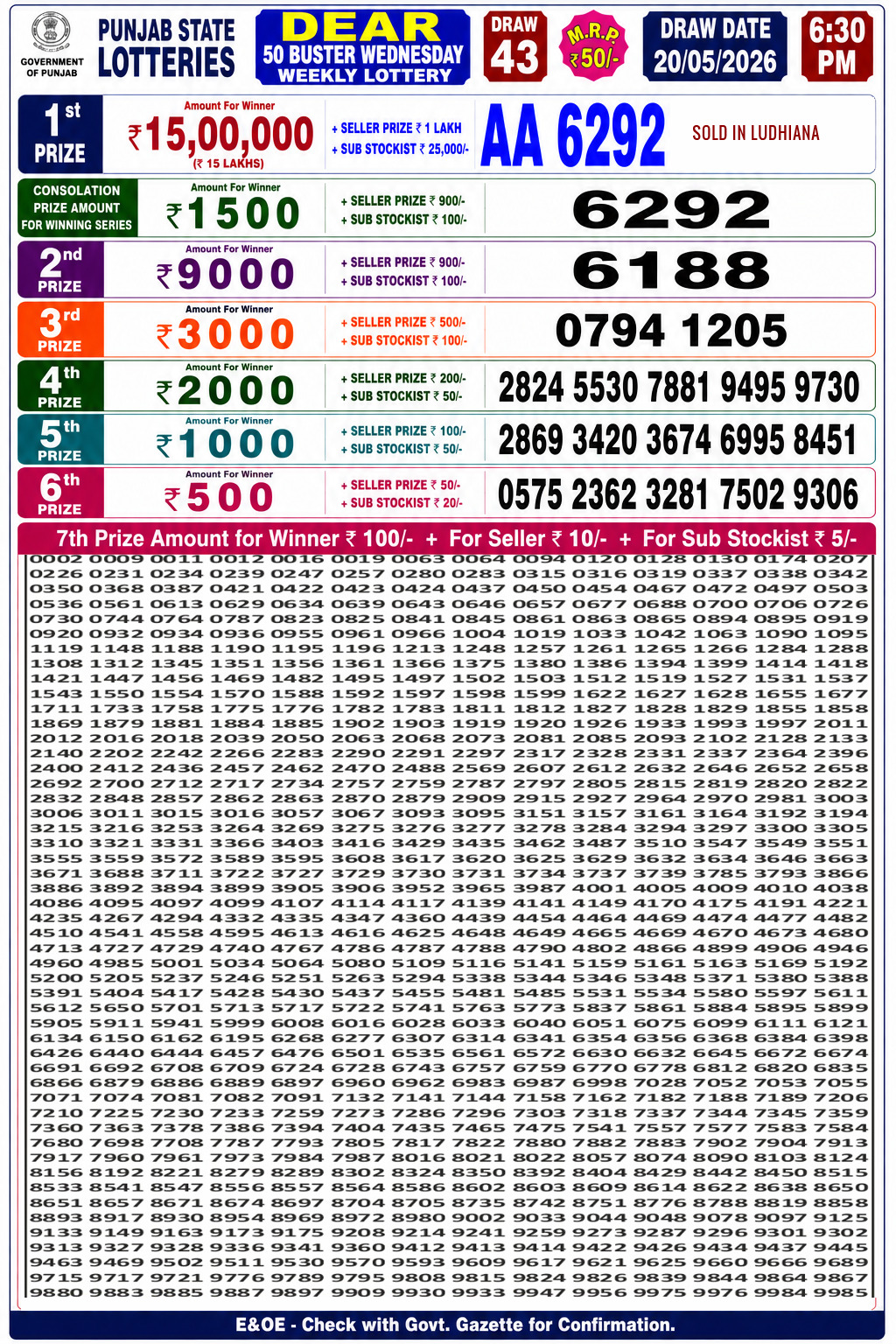 Punjab Dear 50 6:30 PM Result 20 May 2026