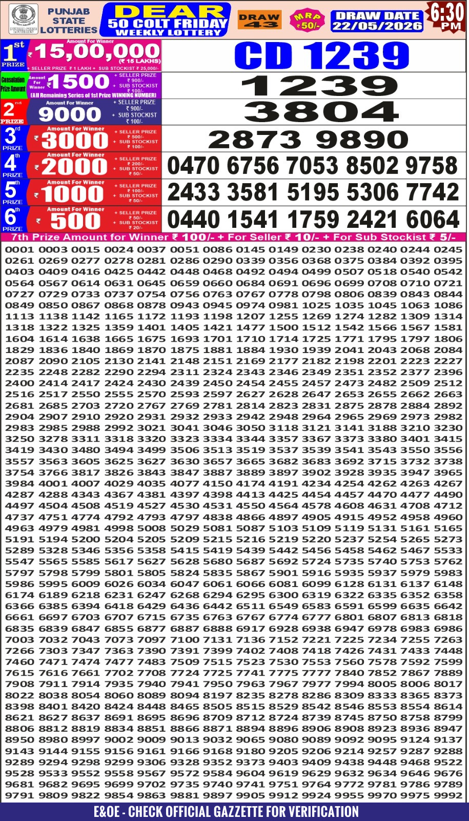 Punjab Dear 50 6:30 PM Result 22 May 2026