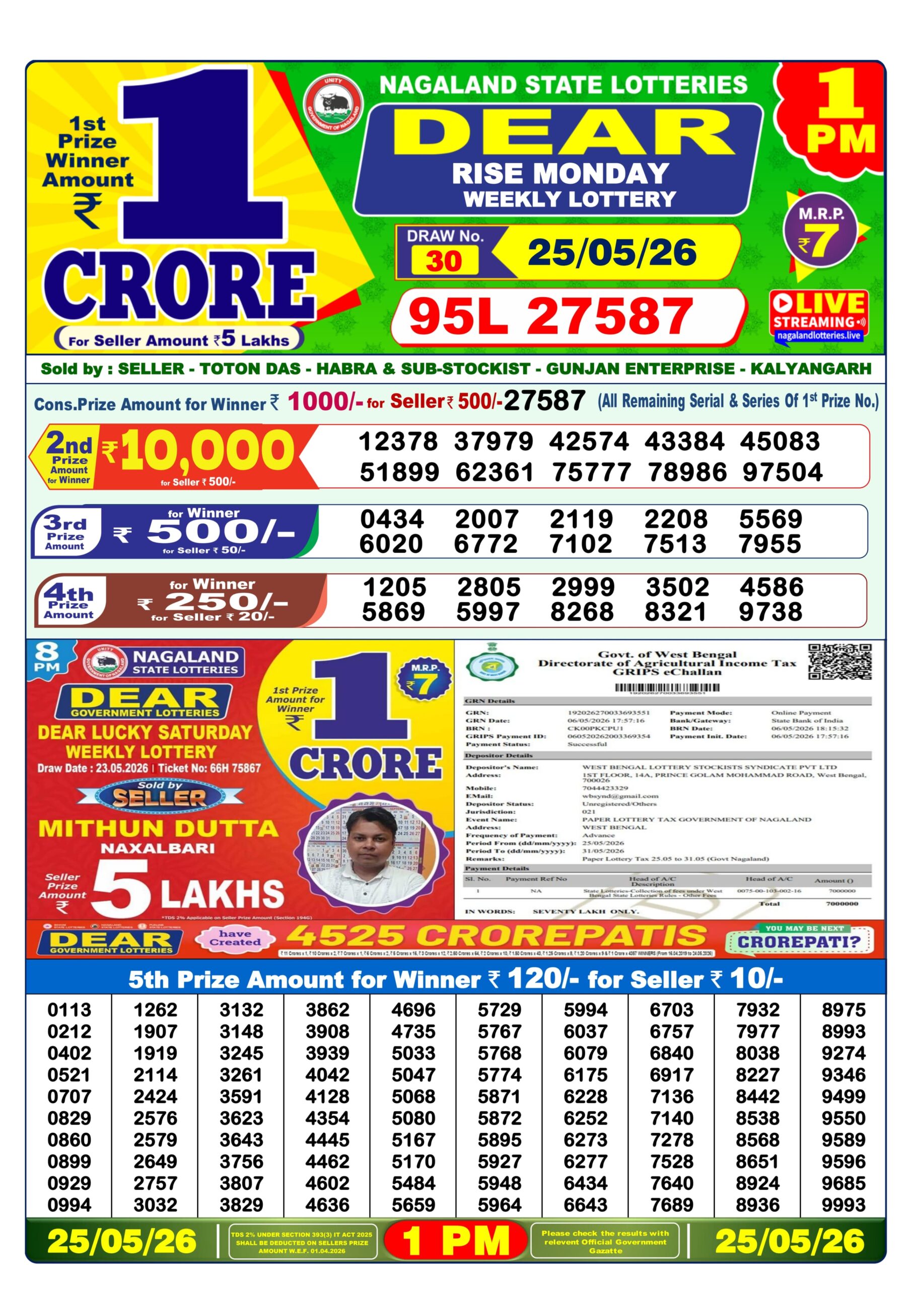 Dear 1 PM Result 25 May 2026