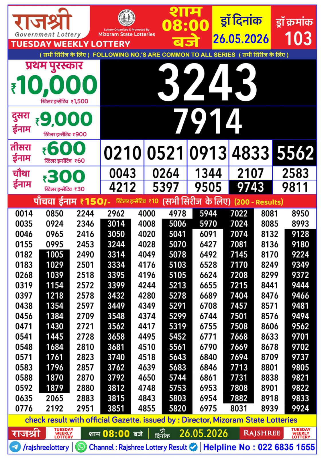 Rajshree 8 PM Result 26 May 2026