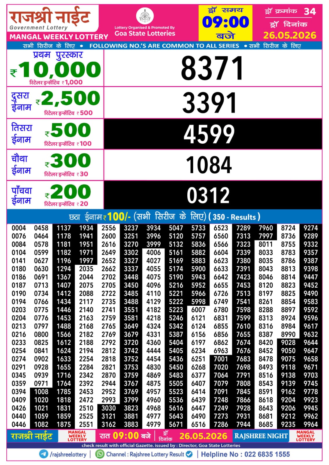 Rajshree Night 9 PM Result 26 May 2026