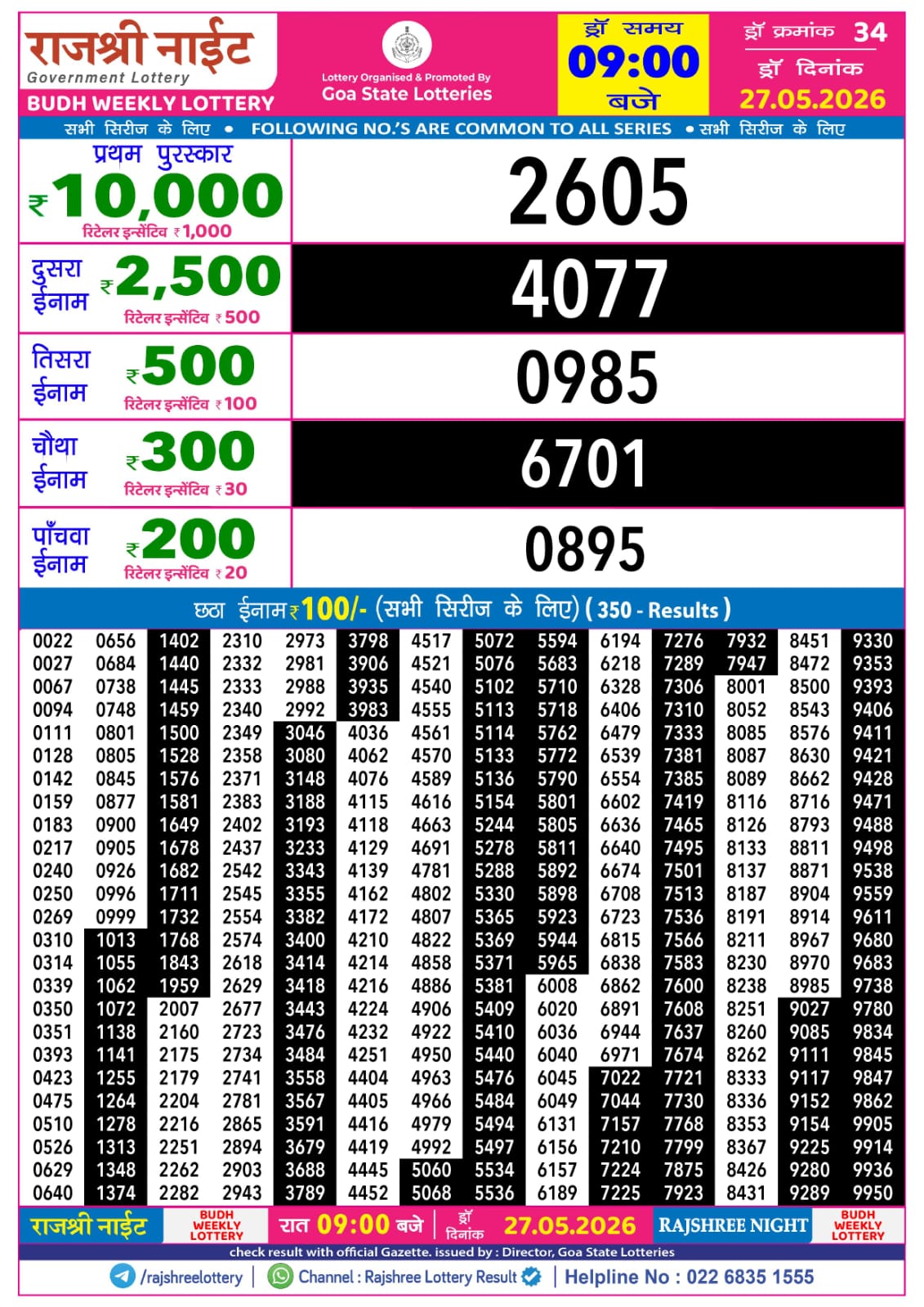 Rajshree Night 9 PM Result 27 May 2026