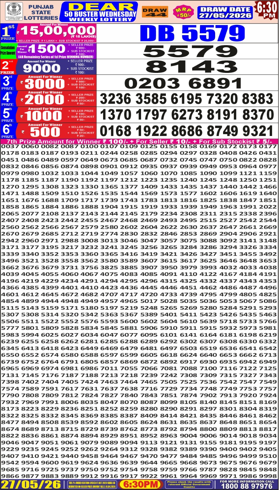 Punjab Dear 50 6:30 PM Result 27 May 2026