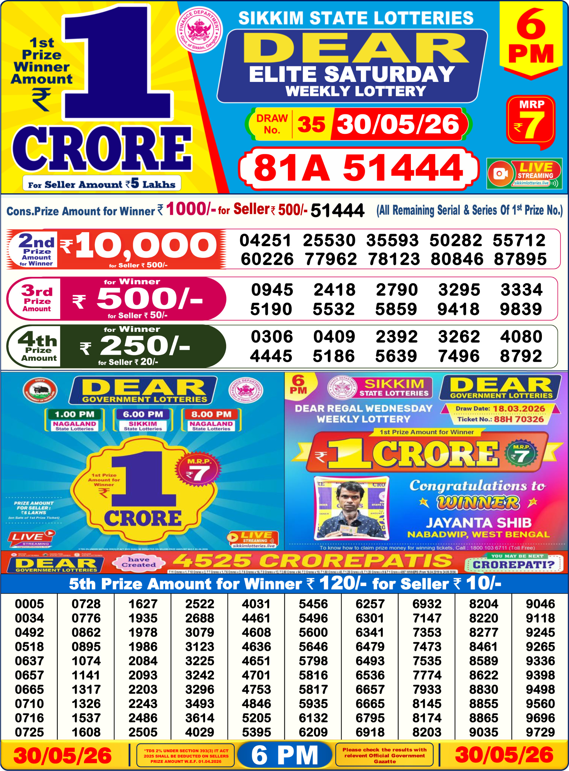 Dear 6 PM Result 30 May 2026