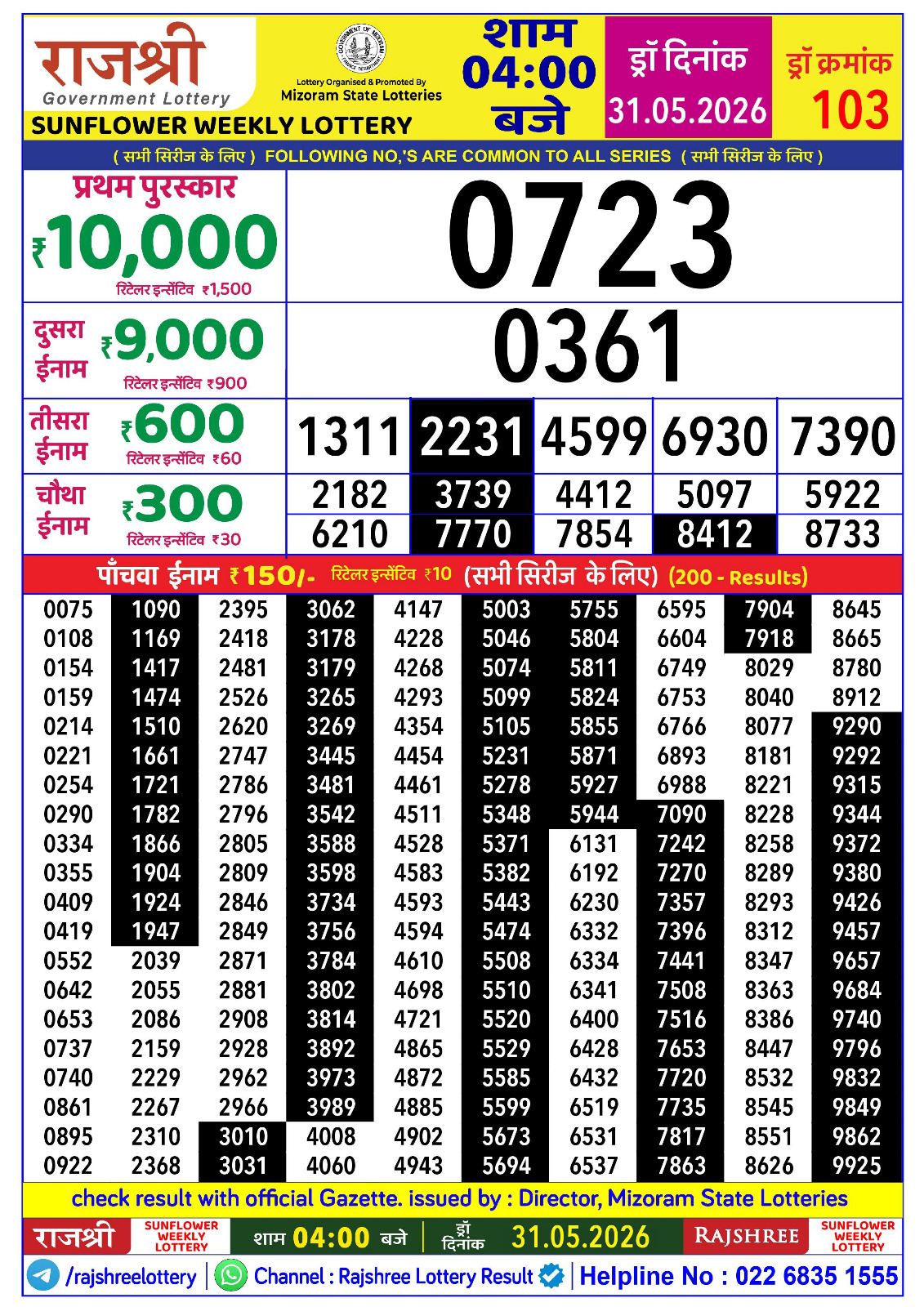 Rajshree 4 PM Result 31 May 2026
