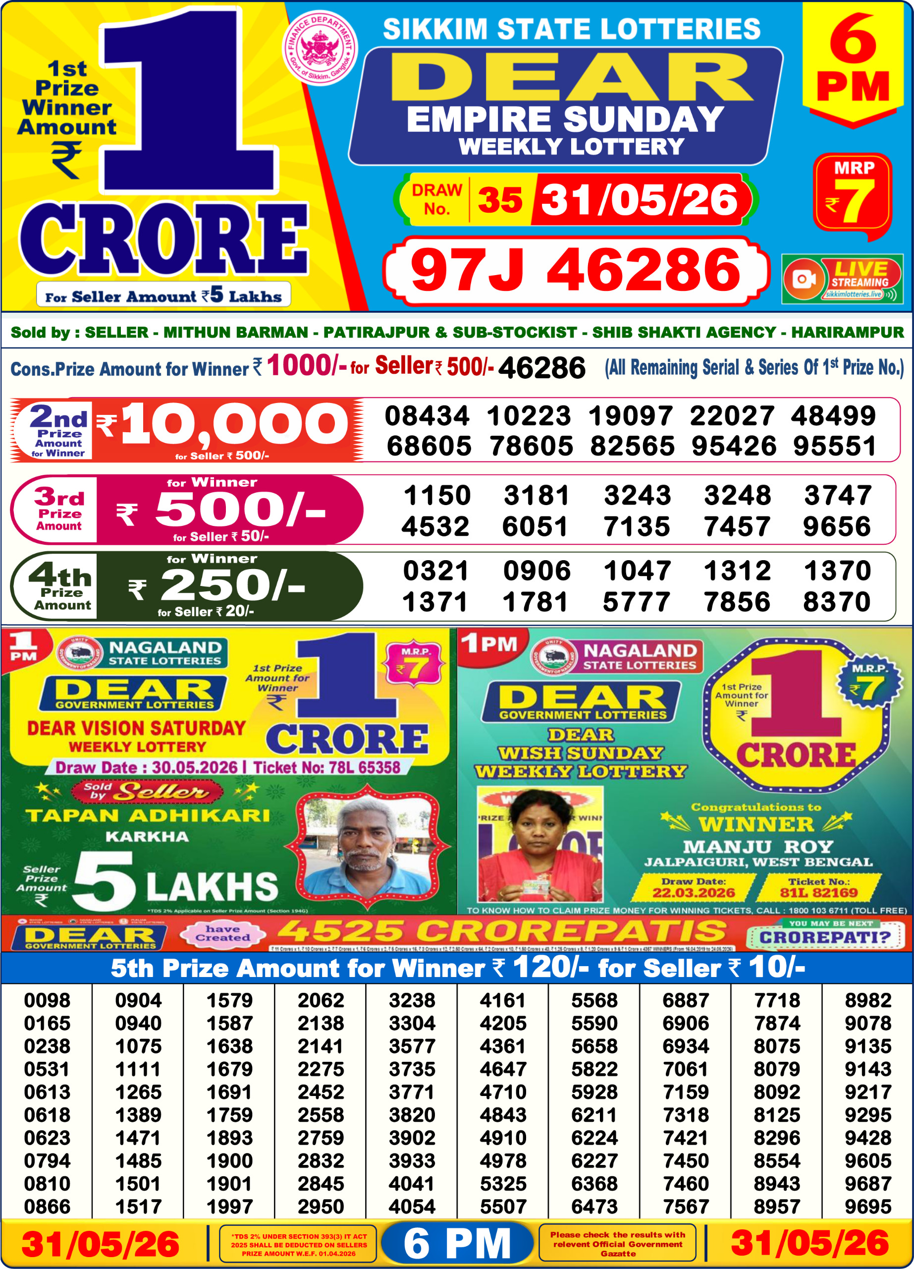 Dear 6 PM Result 31 May 2026