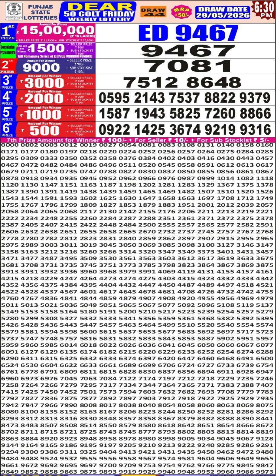 Punjab Dear 50 6:30 PM Result 29 May 2026
