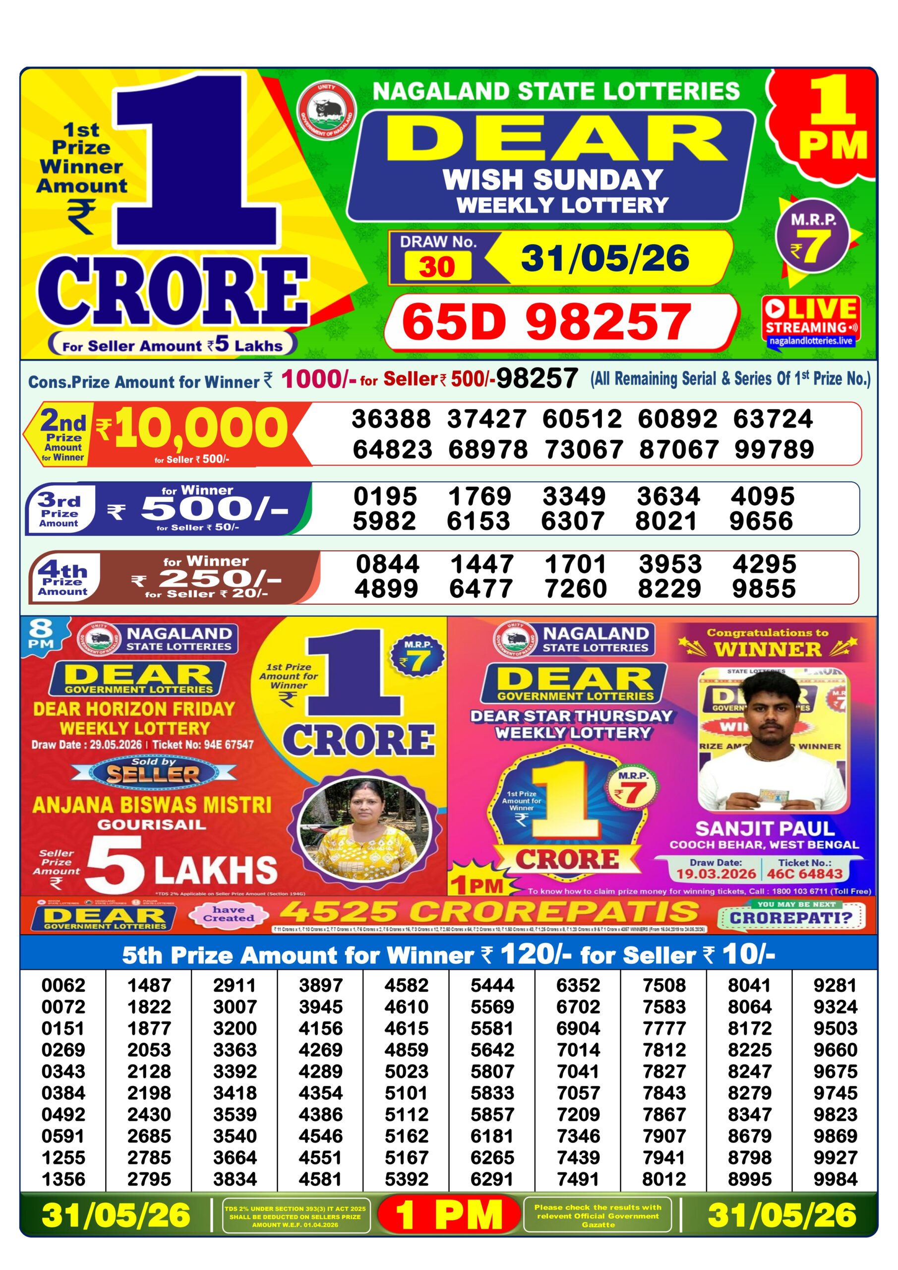 Dear 1 PM Result 31 May 2026
