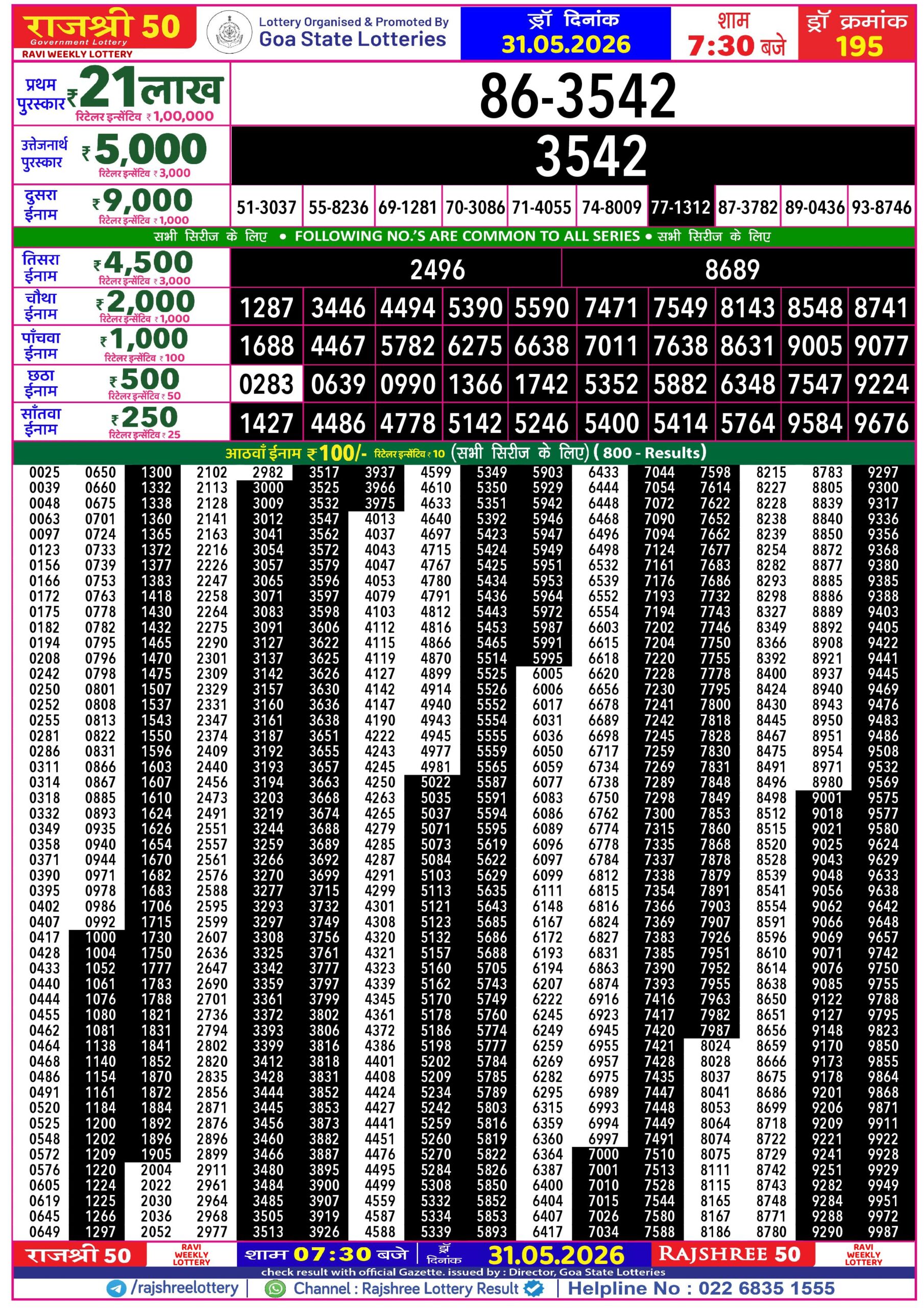Rajshree 50 7:30 PM Result 31 May 2026