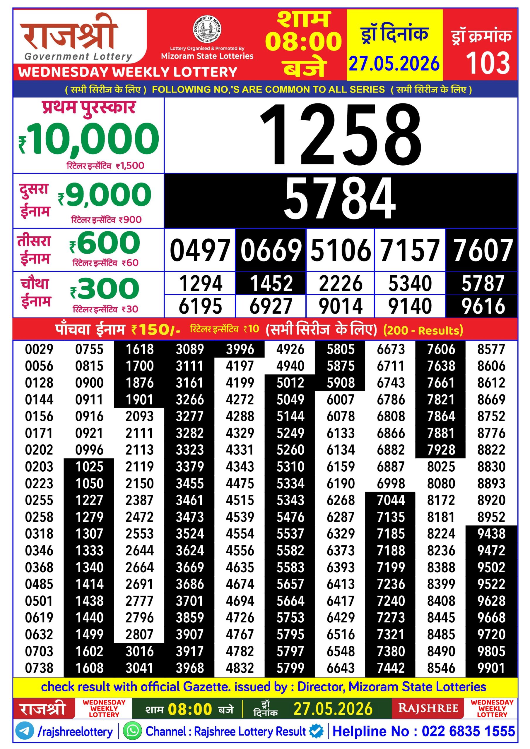 Rajshree 8 PM Result 27 May 2026