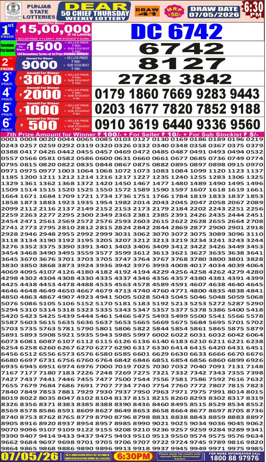 Punjab Dear 50 6:30 PM Result 07 May 2026