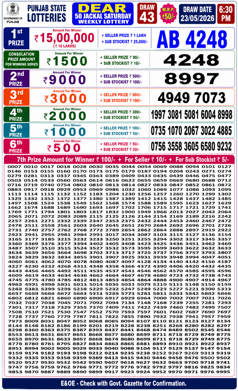Punjab Dear 50 6:30 PM Result 23 May 2026
