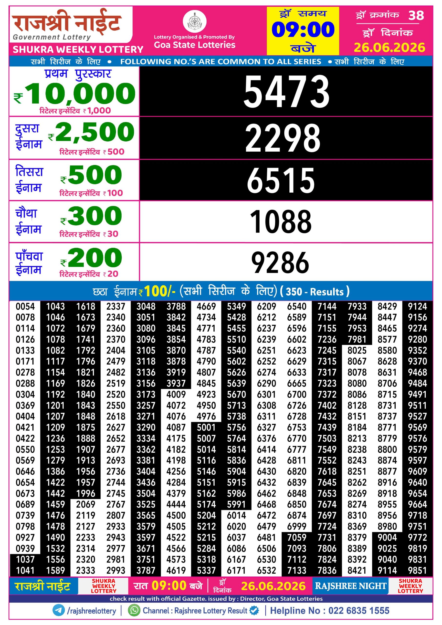 Rajshree Night 9 PM Result 26 June 2026