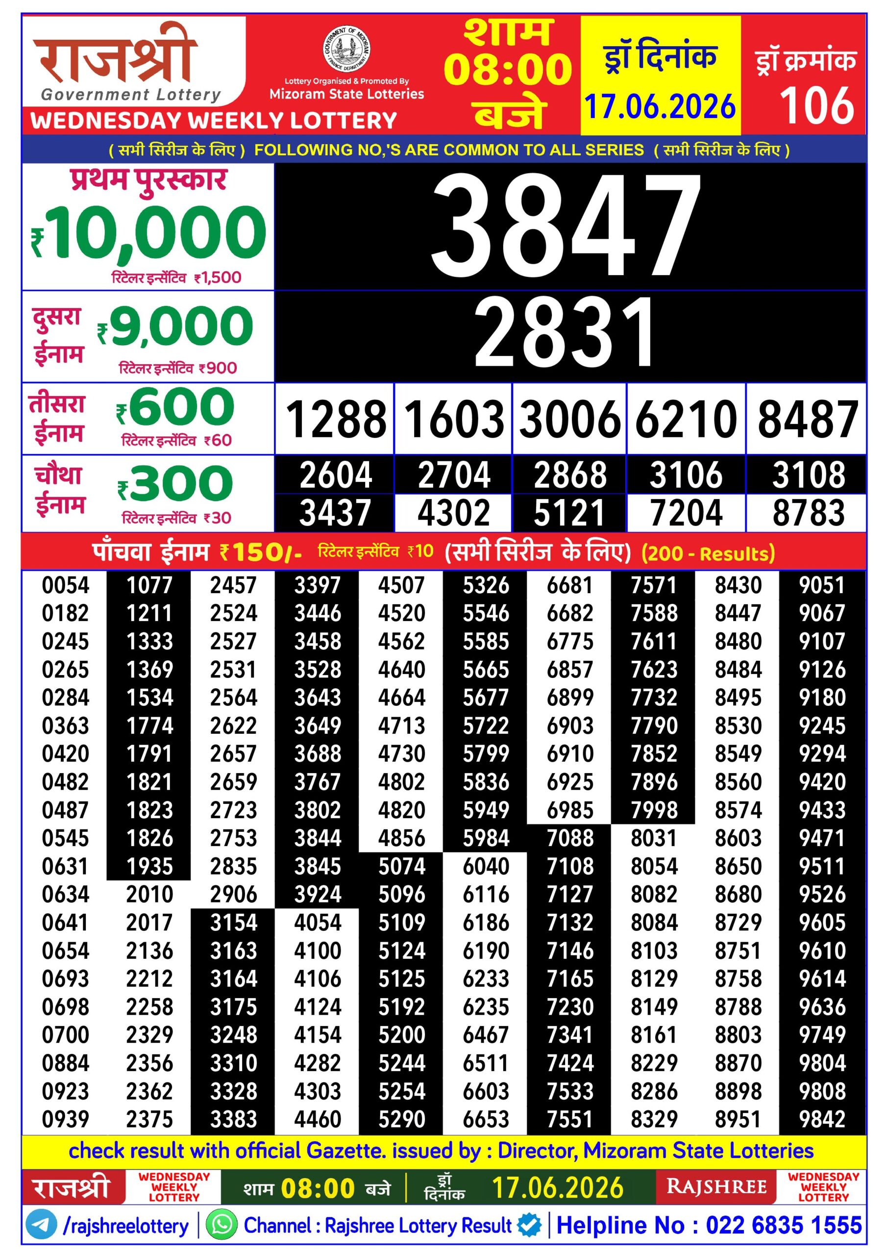 Rajshree 8 PM Result 17 June 2026