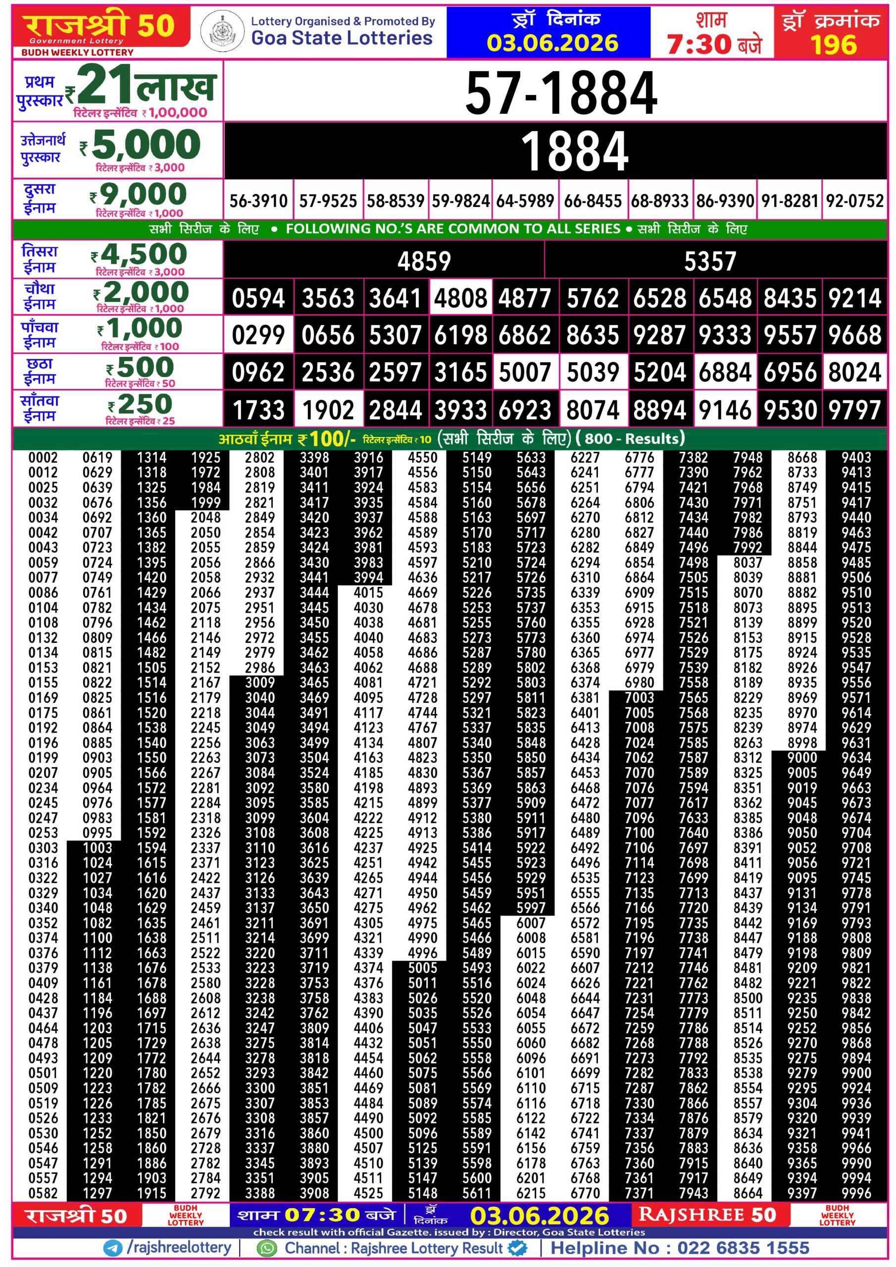 Rajshree 50 7:30 PM Result 03 June 2026