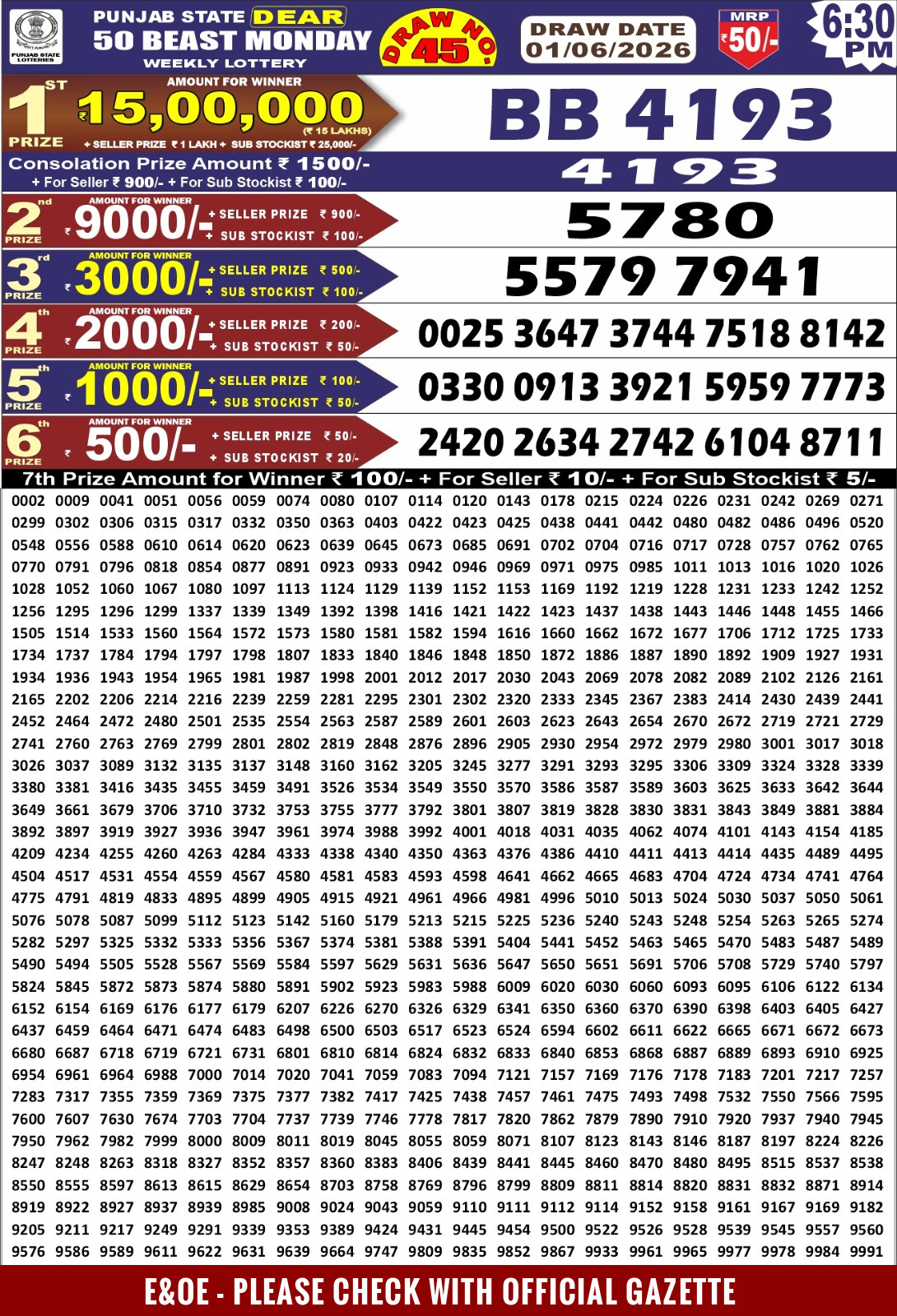 Punjab Dear 50 6:30 PM Result 01 June 2026