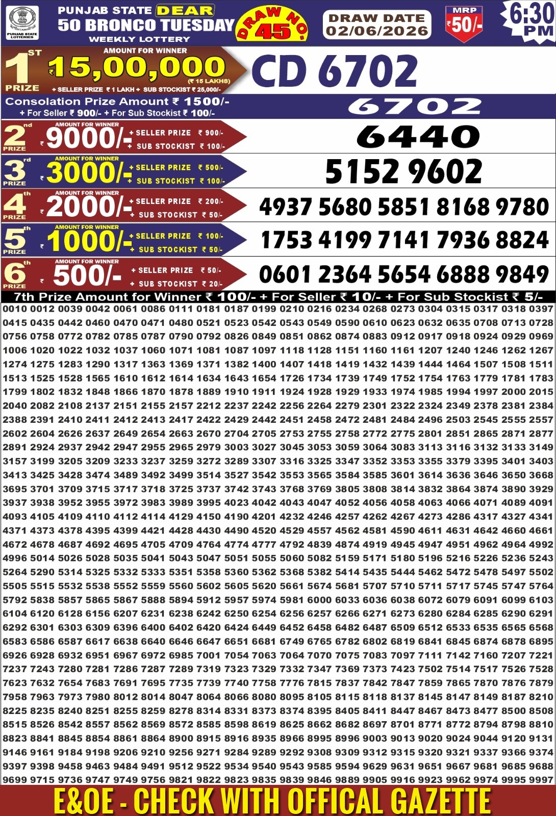 Punjab Dear 50 6:30 PM Result 02 June 2026