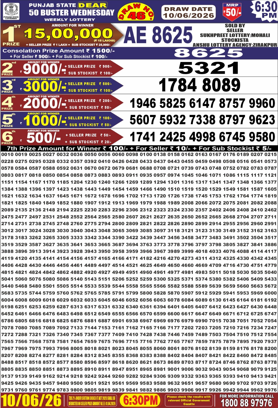 Punjab Dear 50 6:30 PM Result 10 June 2026