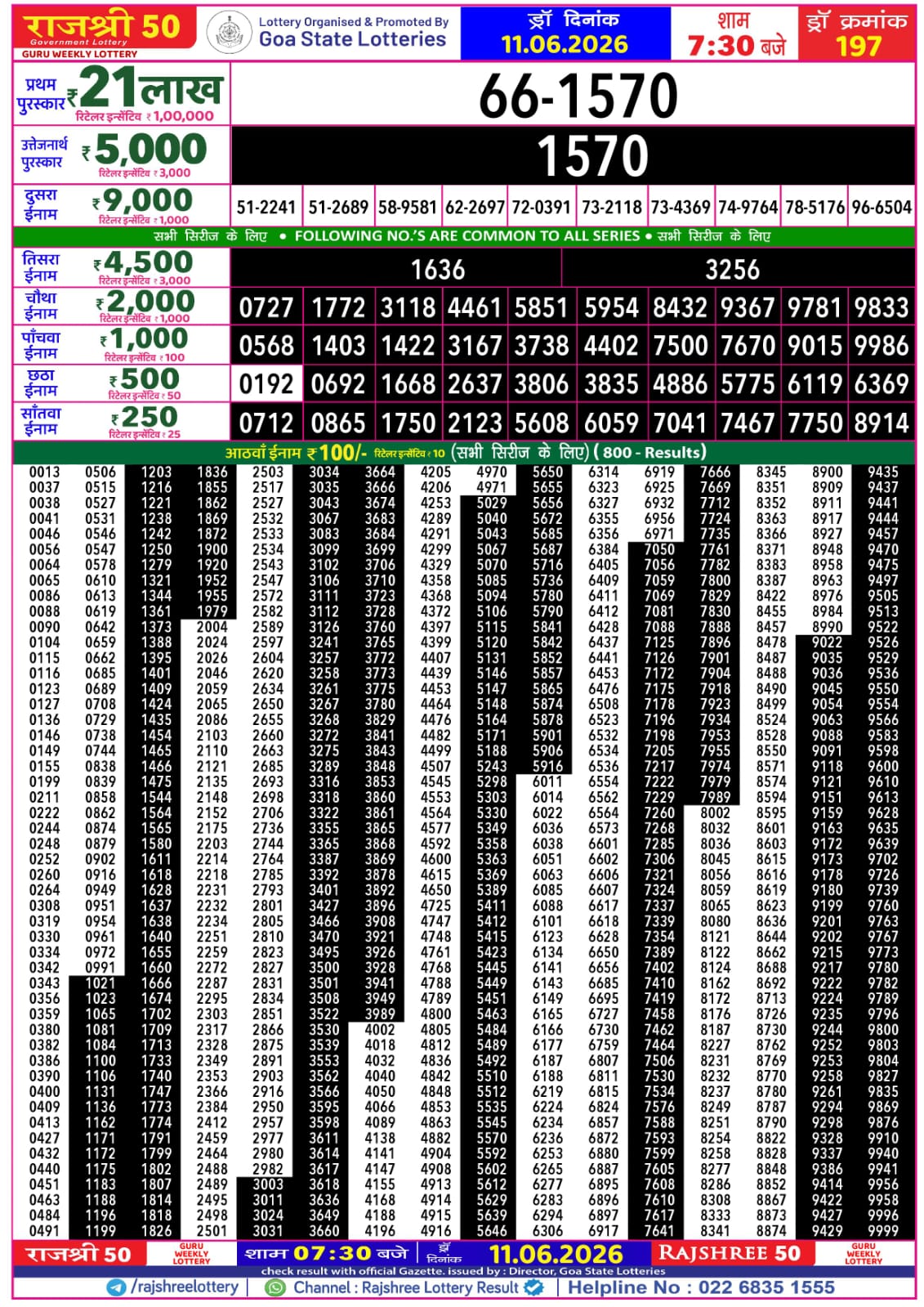 Rajshree 50 7:30 PM Result 11 June 2026