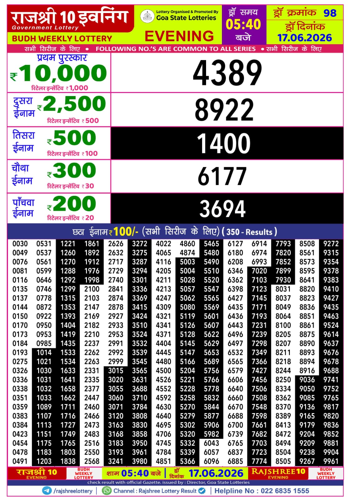 Rajshree 10 Evening 5:40 PM Result 17 June 2026