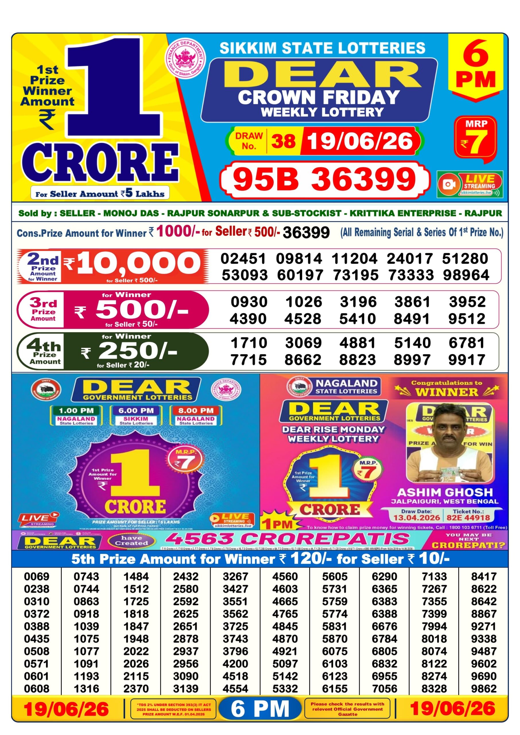 Dear 6 PM Result 19 June 2026