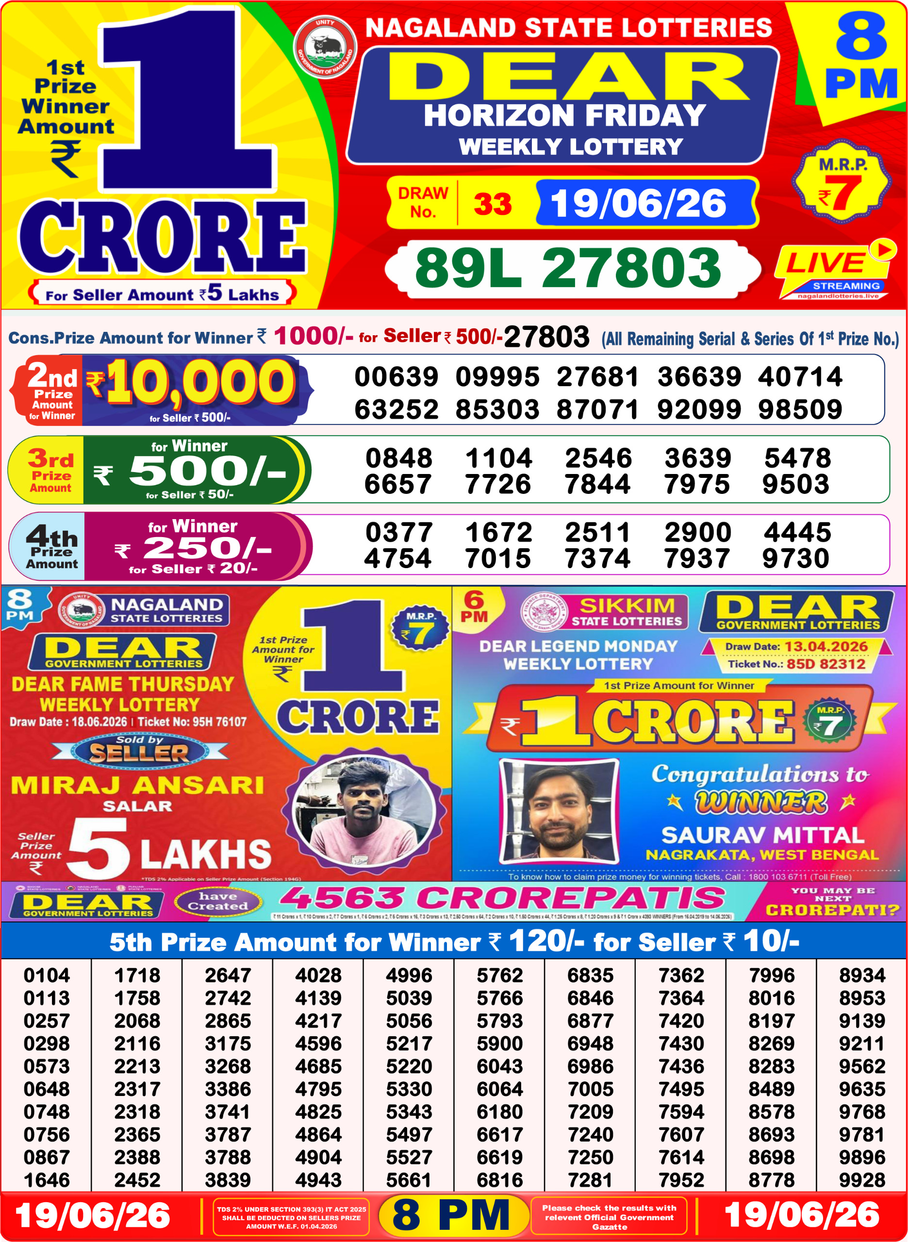 Dear 8 PM Result 19 June 2026