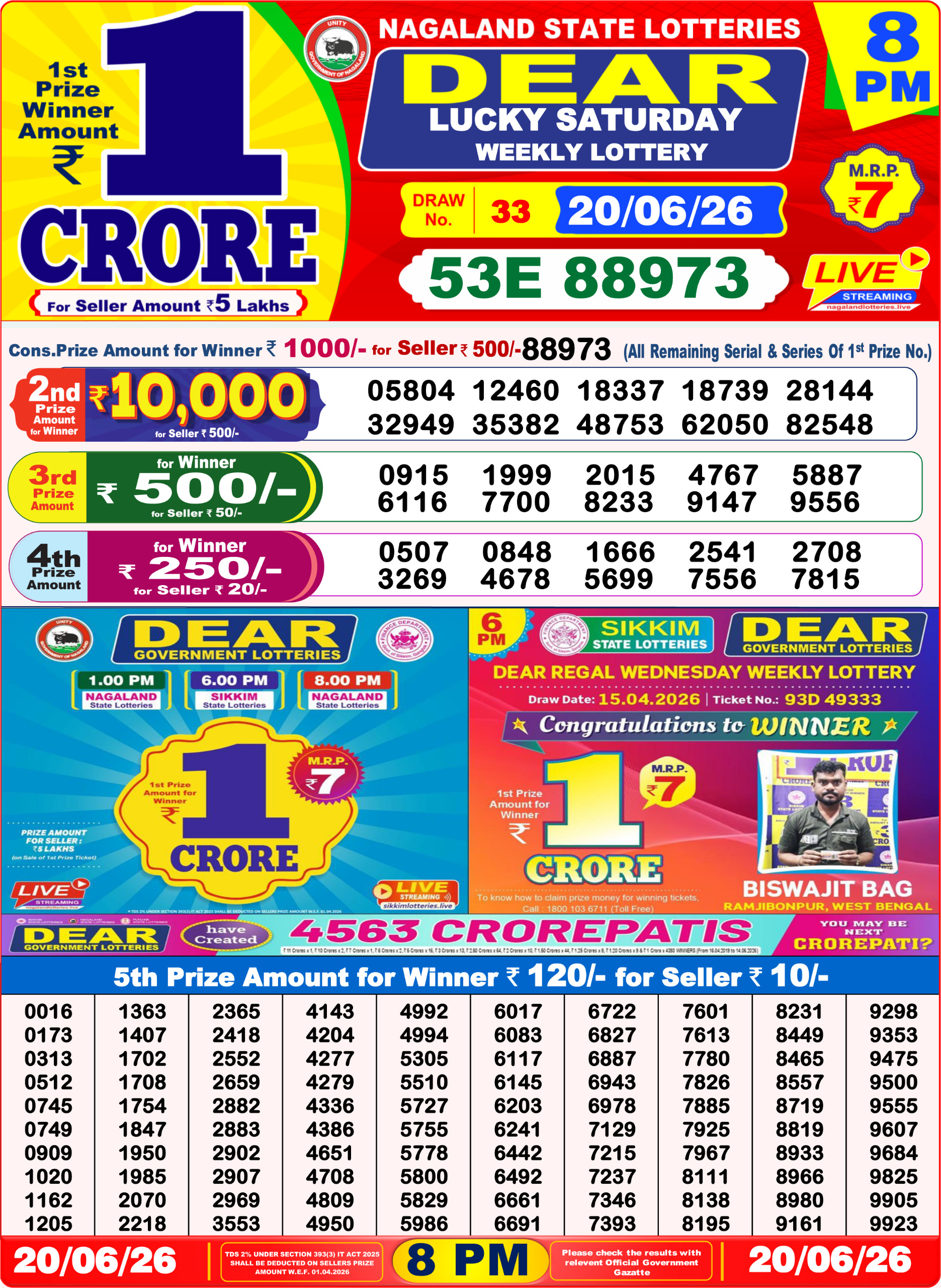 Dear 8 PM Result 20 June 2026