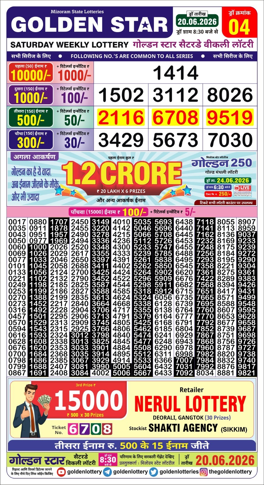Golden Star 8:30 PM Result 20 June 2026