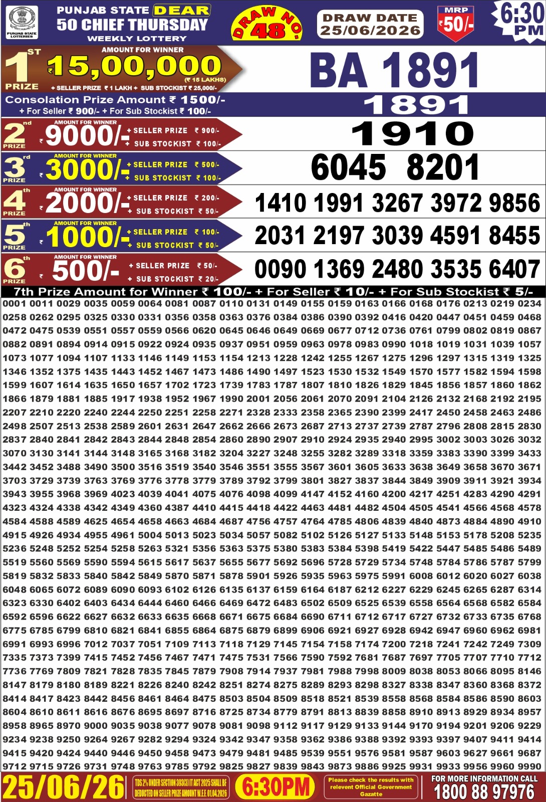 Punjab Dear 50 6:30 PM Result 25 June 2026