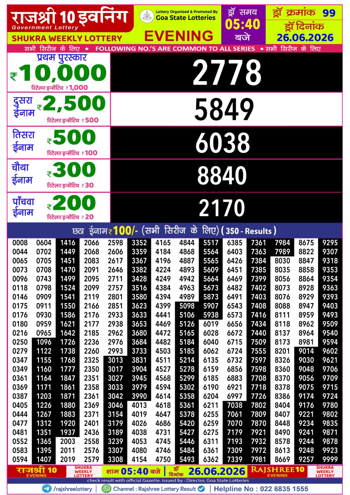 Rajshree 10 Evening 5:40 PM Result 26 June 2026