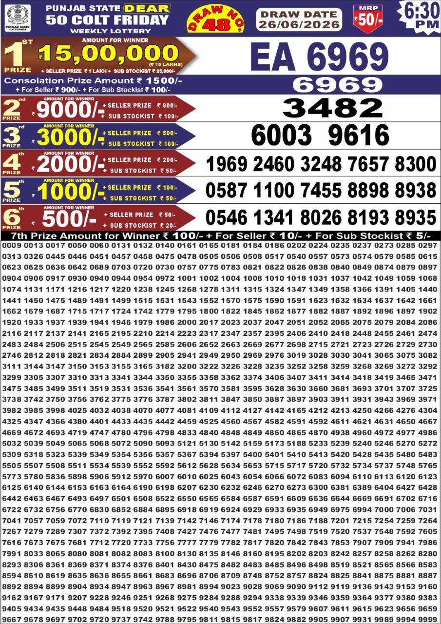 Punjab Dear 50 6:30 PM Result 26 June 2026